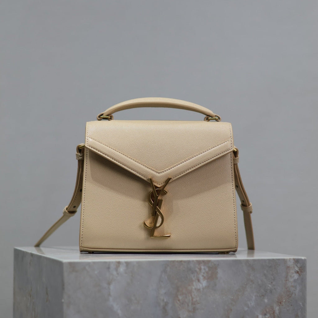 SAINT LAURENT CASSANDRA MINI TOP HANDLE BAG 20 IN BEIGE CALFSKIN GOLD HARDWARE