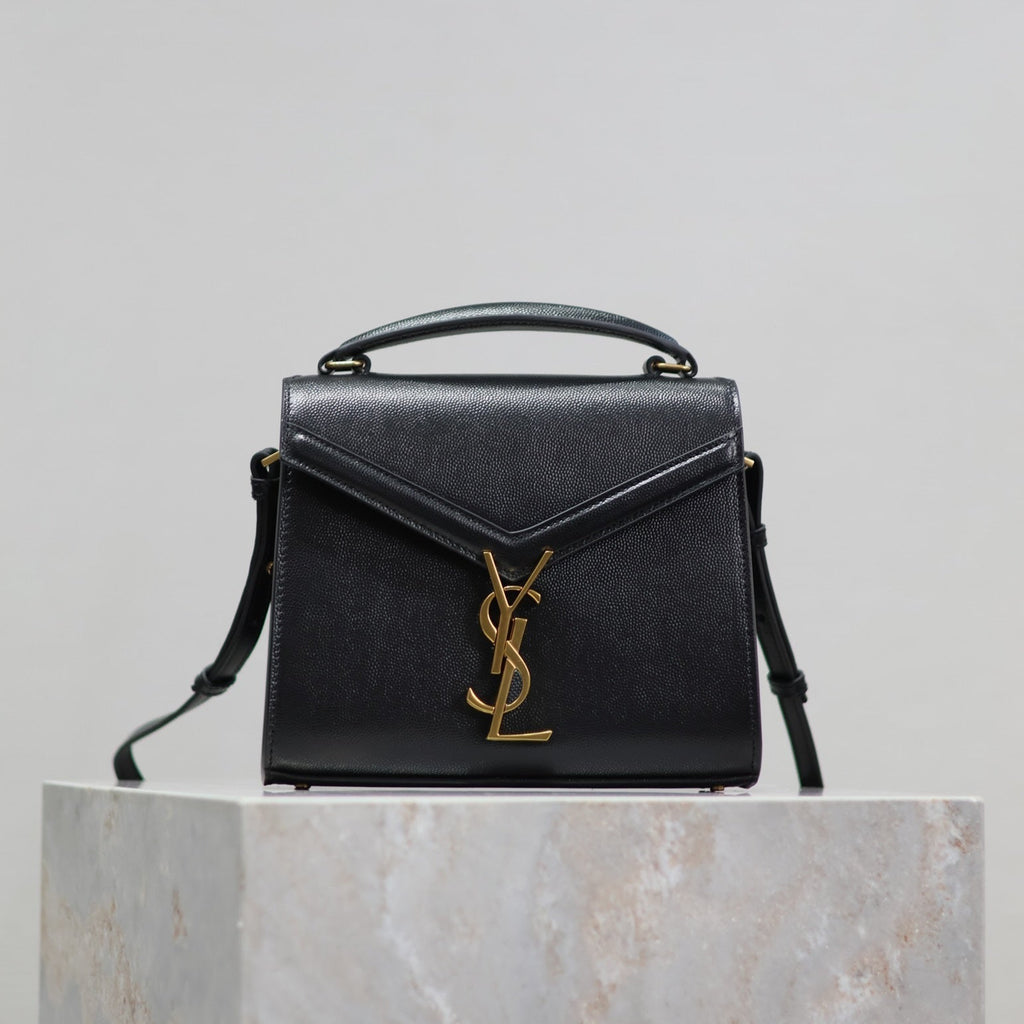 SAINT LAURENT CASSANDRA MINI TOP HANDLE BAG 20 IN BLACK CALFSKIN GOLD HARDWARE