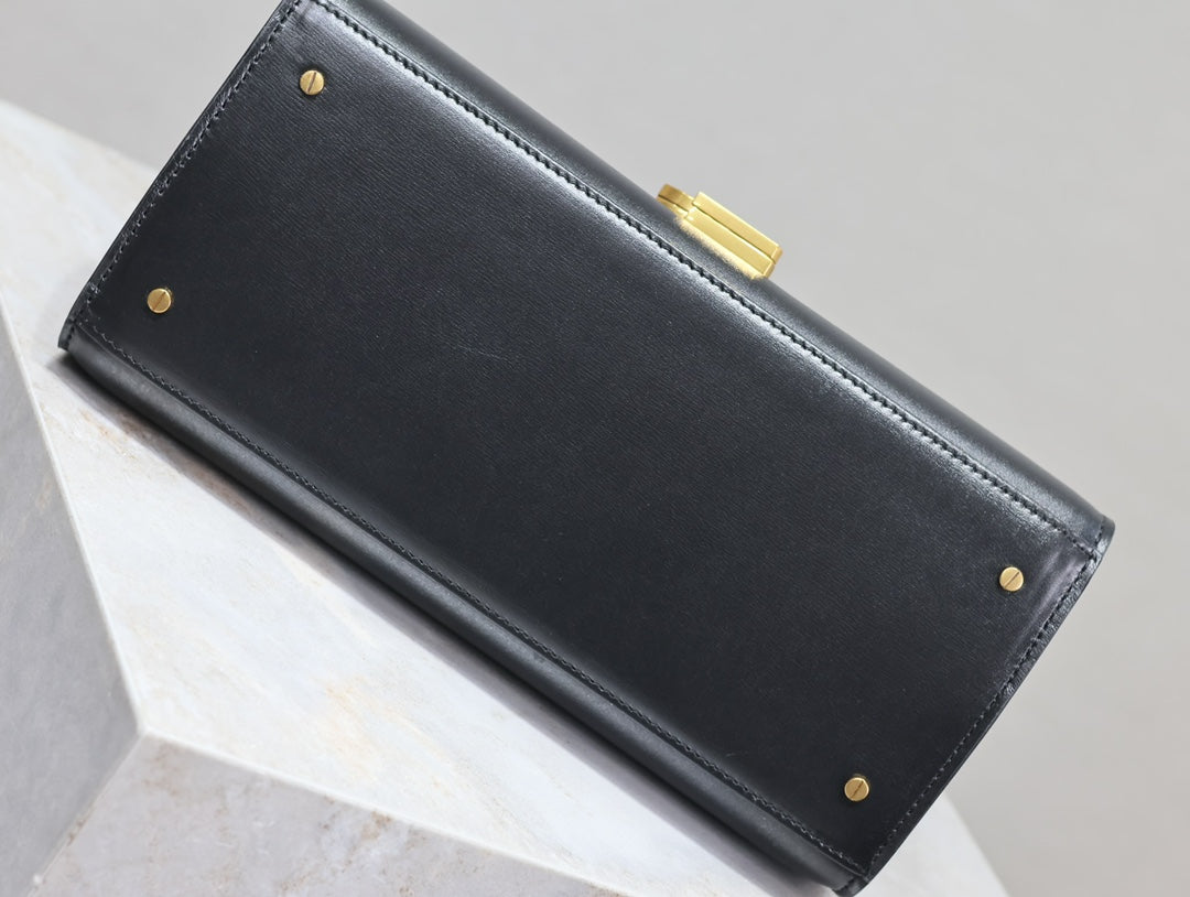 SAINT LAURENT CASSANDRA TOP HANDLE BAG 24 IN BLACK SMOOTH LAMBSKIN GOLD HARDWARE
