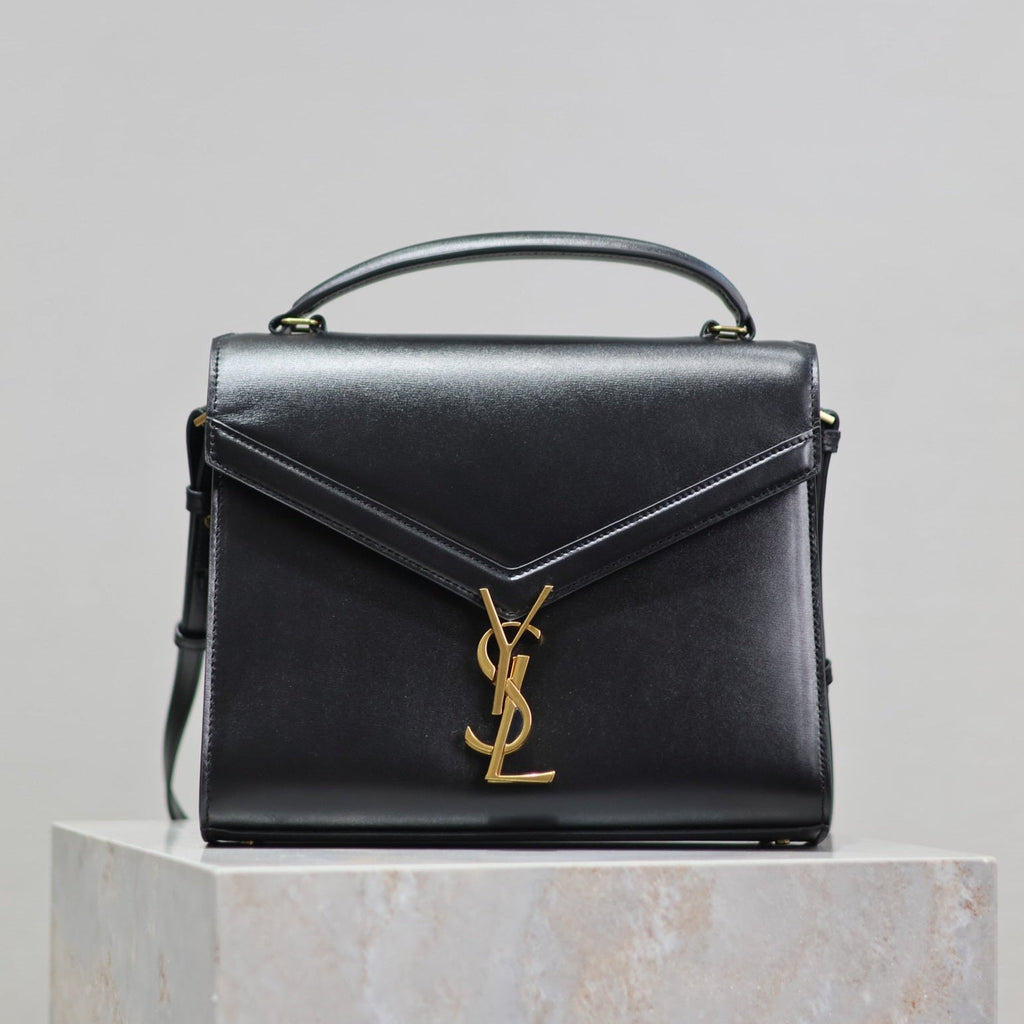 SAINT LAURENT CASSANDRA TOP HANDLE BAG 24 IN BLACK SMOOTH LAMBSKIN GOLD HARDWARE