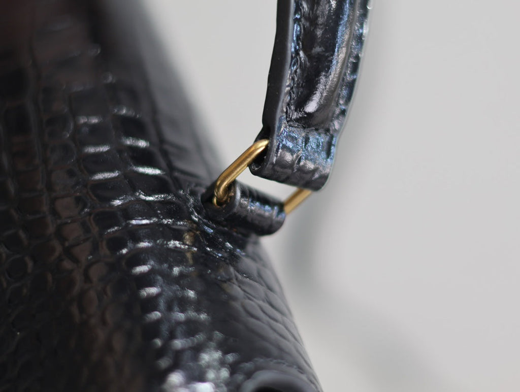SAINT LAURENT CASSANDRA TOP HANDLE BAG 24 IN BLACK CROCODILE-EMBOSSED GLOSSY CALFSKIN