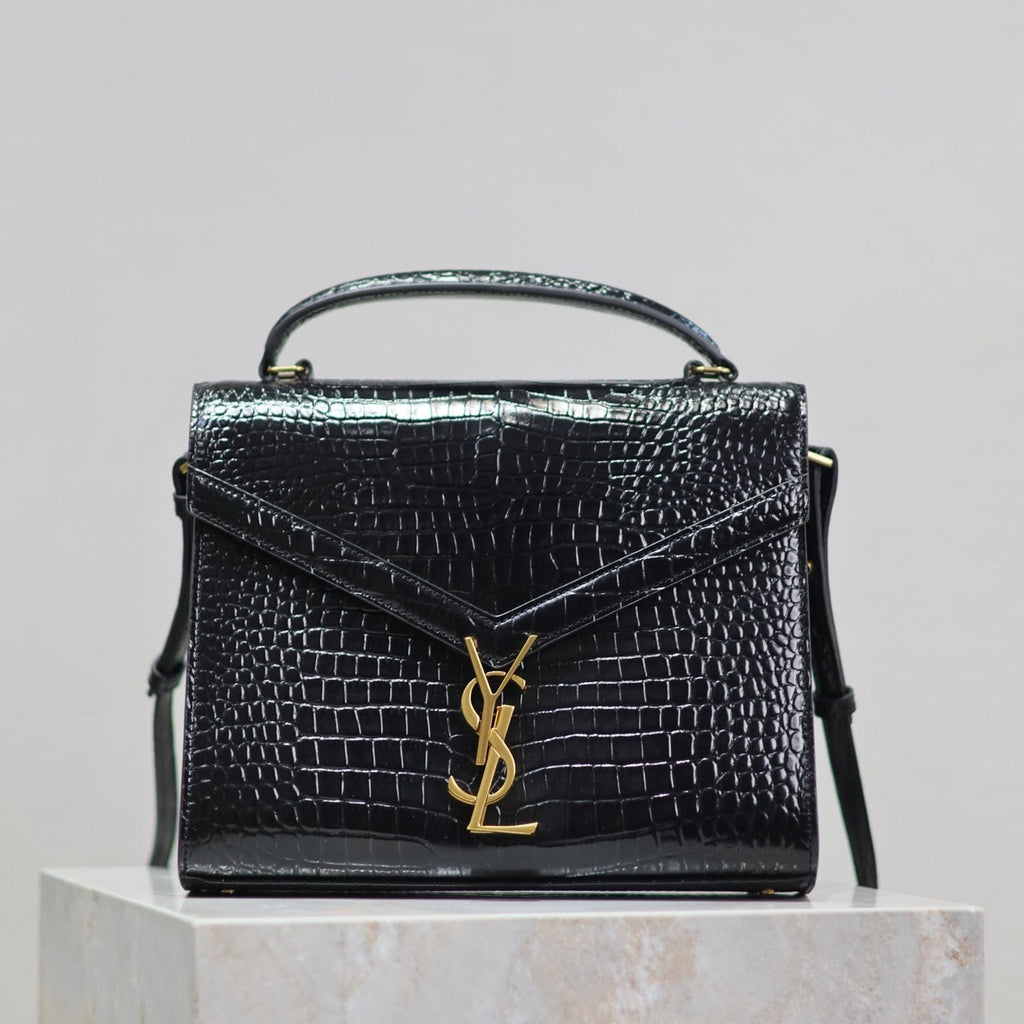 SAINT LAURENT CASSANDRA TOP HANDLE BAG 24 IN BLACK CROCODILE-EMBOSSED GLOSSY CALFSKIN