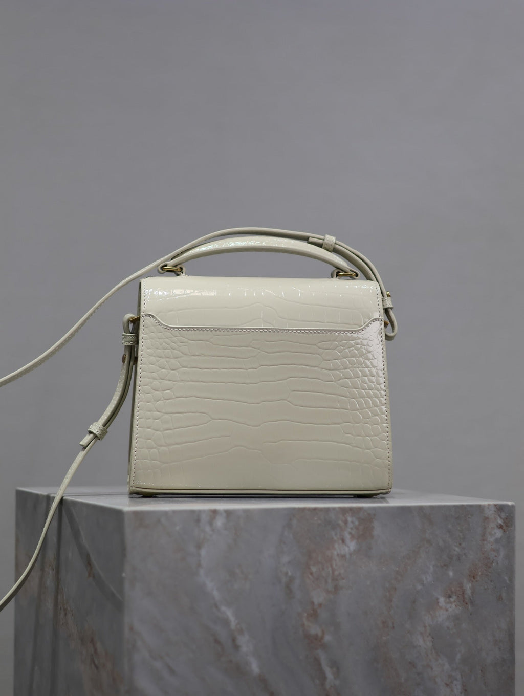 SAINT LAURENT CASSANDRA MINI TOP HANDLE BAG 20 IN WHITE CROCODILE-EMBOSSED GLOSSY CALFSKIN