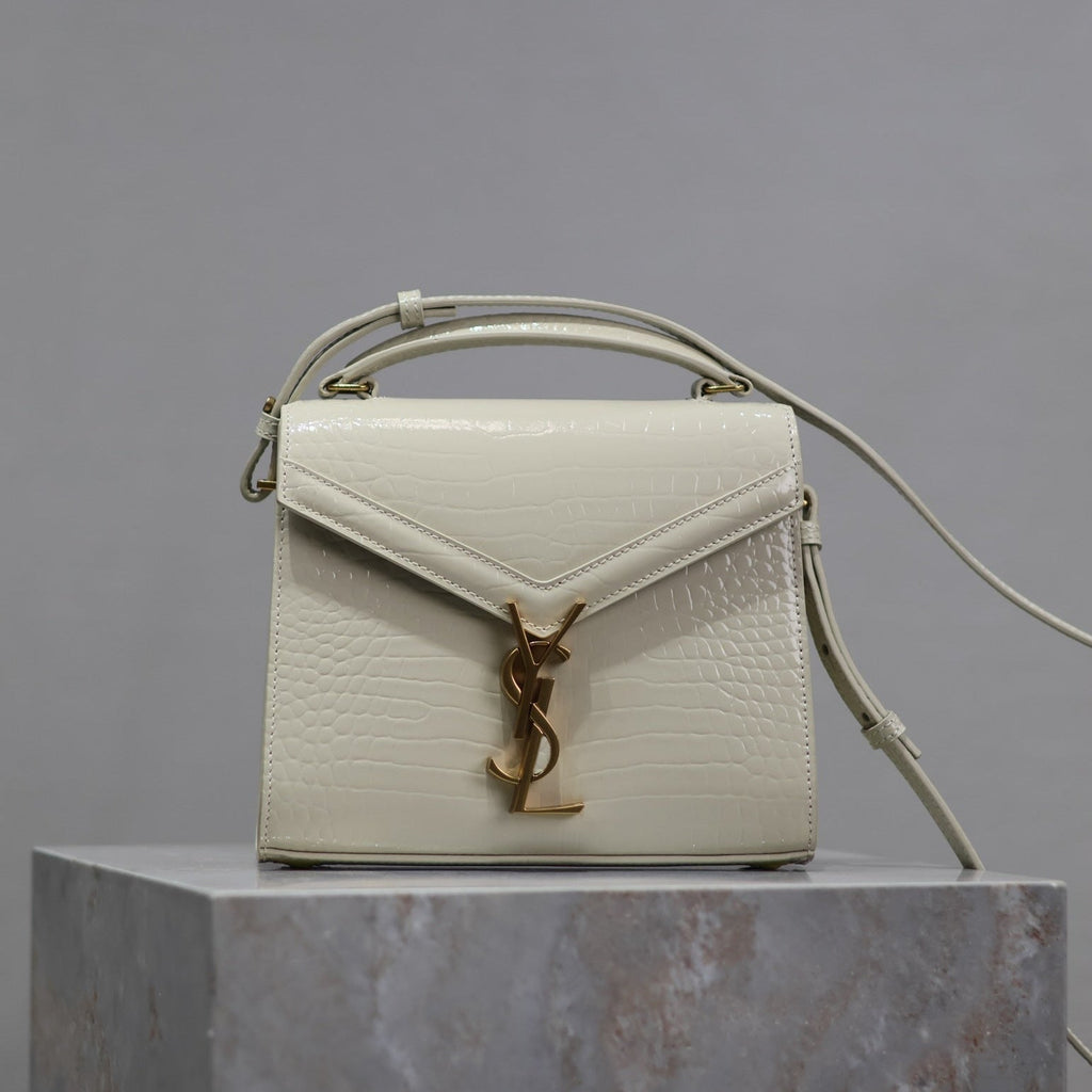 SAINT LAURENT CASSANDRA MINI TOP HANDLE BAG 20 IN WHITE CROCODILE-EMBOSSED GLOSSY CALFSKIN