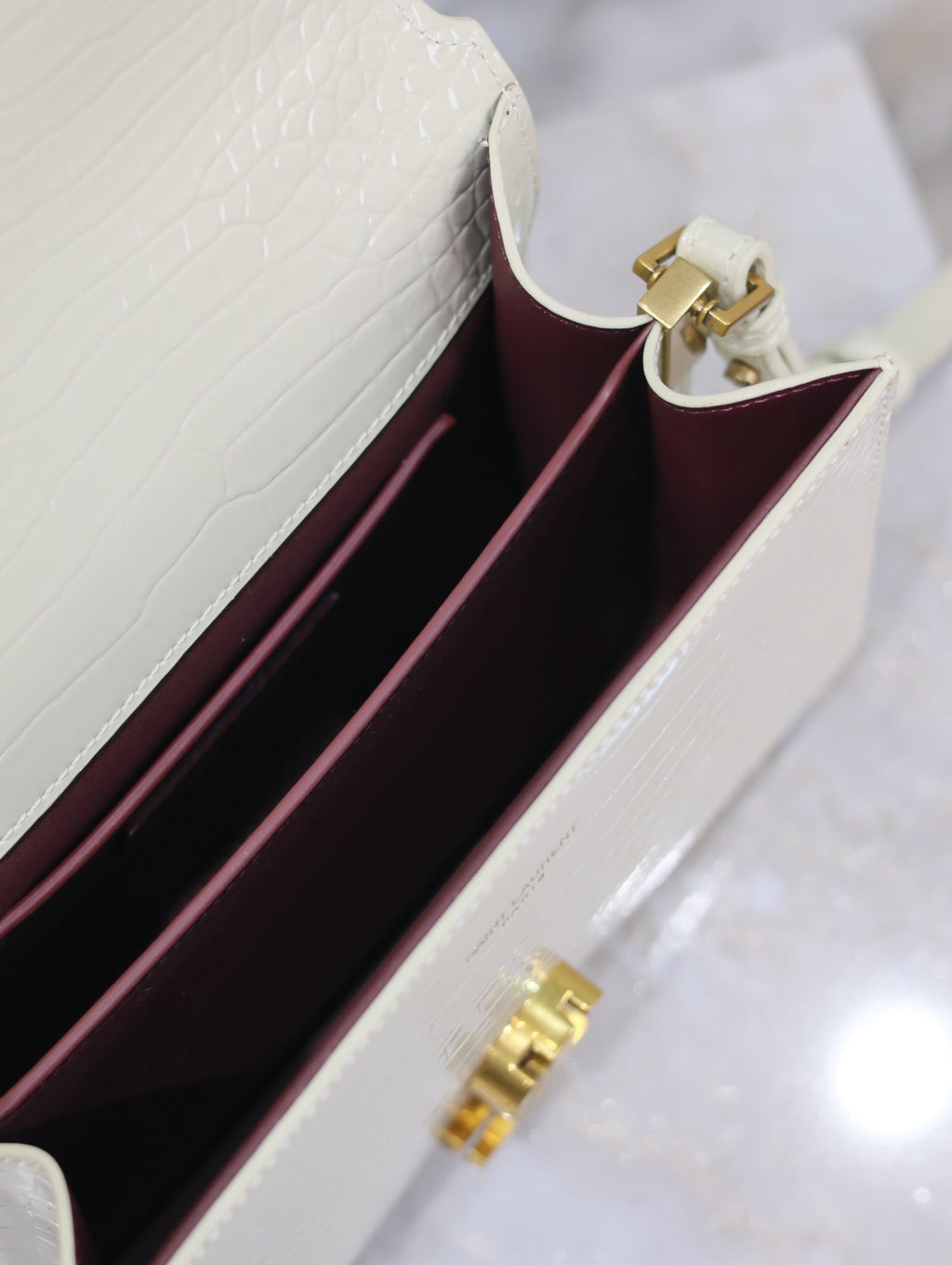 SAINT LAURENT CASSANDRA MINI TOP HANDLE BAG 20 IN WHITE CROCODILE-EMBOSSED GLOSSY CALFSKIN