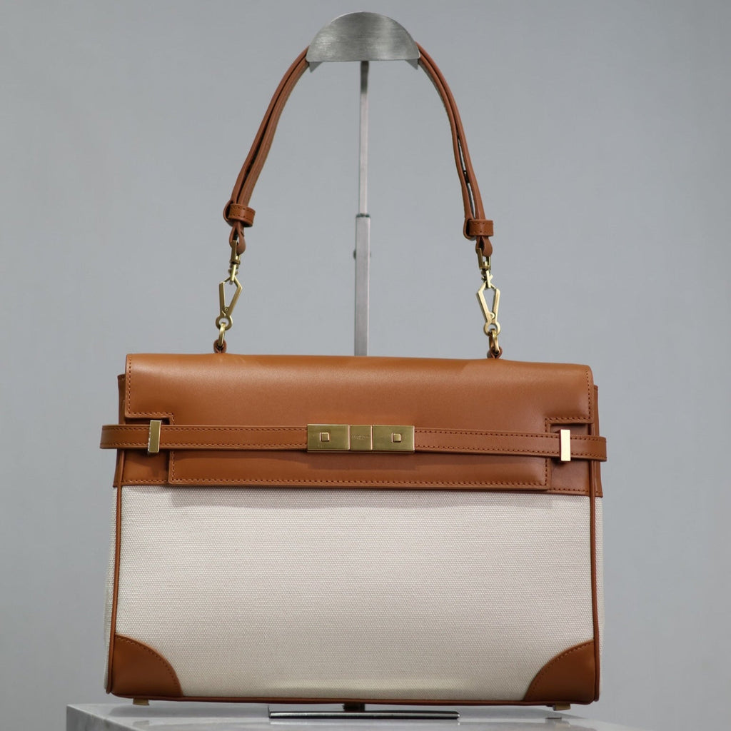 SAINT LAURENT MANHATTAN HANDBAG 32 IN BROWN CALFSKIN AND WHITE CANVAS GOLD HARDWARE