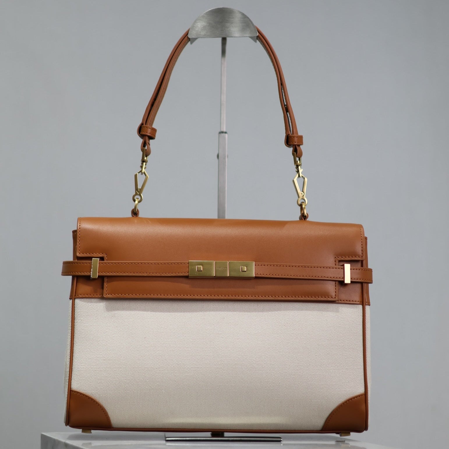 SAINT LAURENT MANHATTAN HANDBAG 32 IN BROWN CALFSKIN AND WHITE CANVAS GOLD HARDWARE