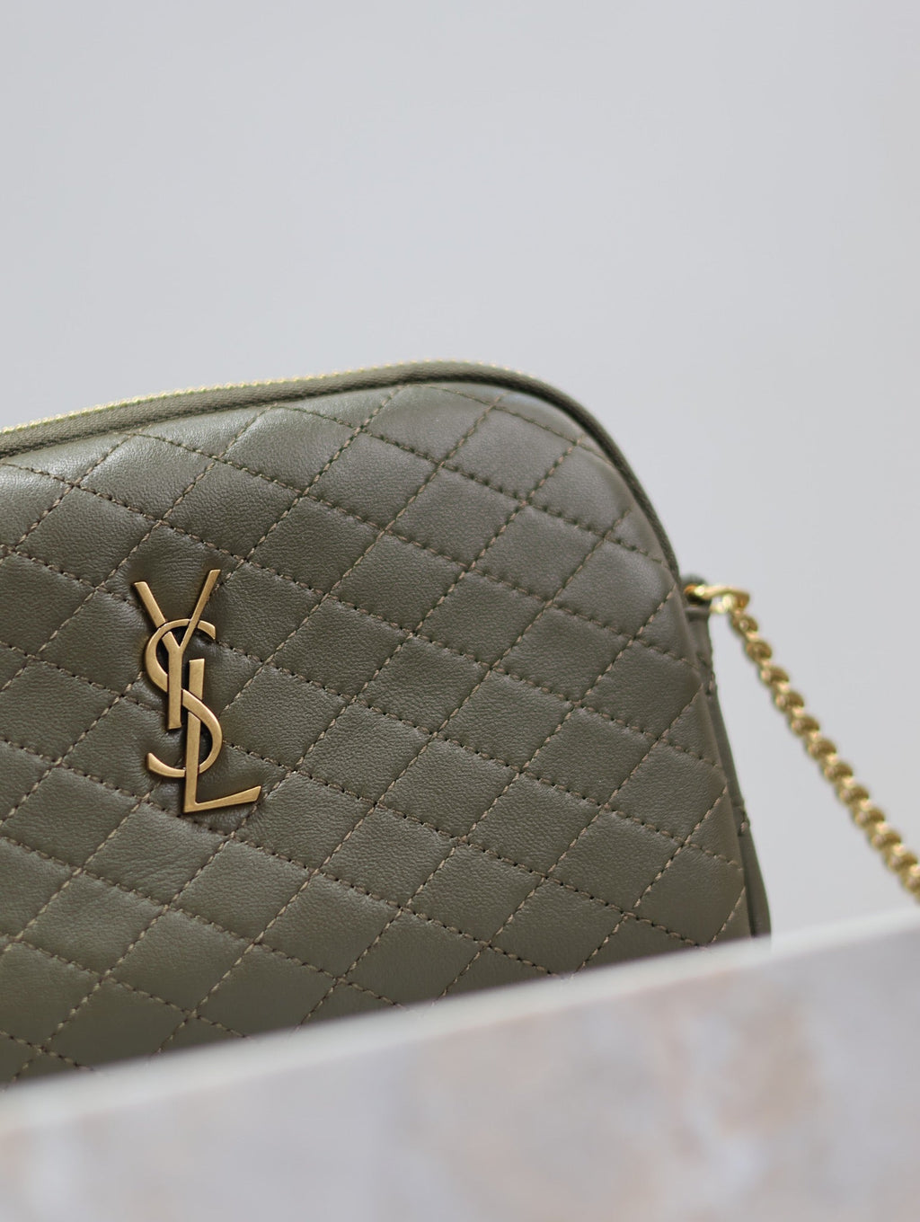 SAINT LAURENT GABY ZIPPED POUCH 19 IN UNIFORM GREEN QUILTED LAMBSKIN GOLD HARDWARE
