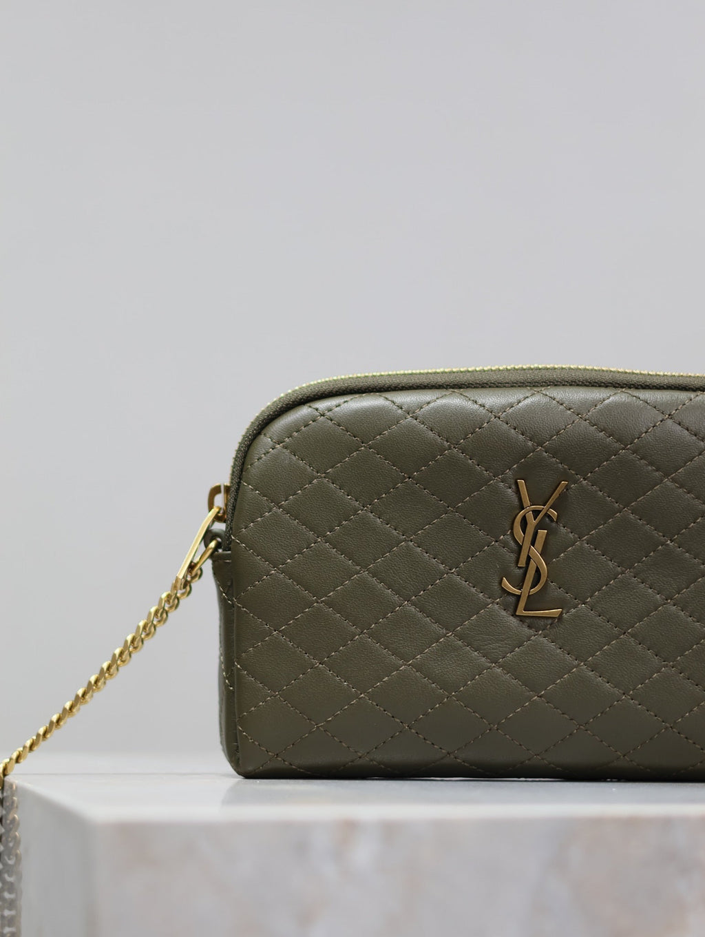SAINT LAURENT GABY ZIPPED POUCH 19 IN UNIFORM GREEN QUILTED LAMBSKIN GOLD HARDWARE