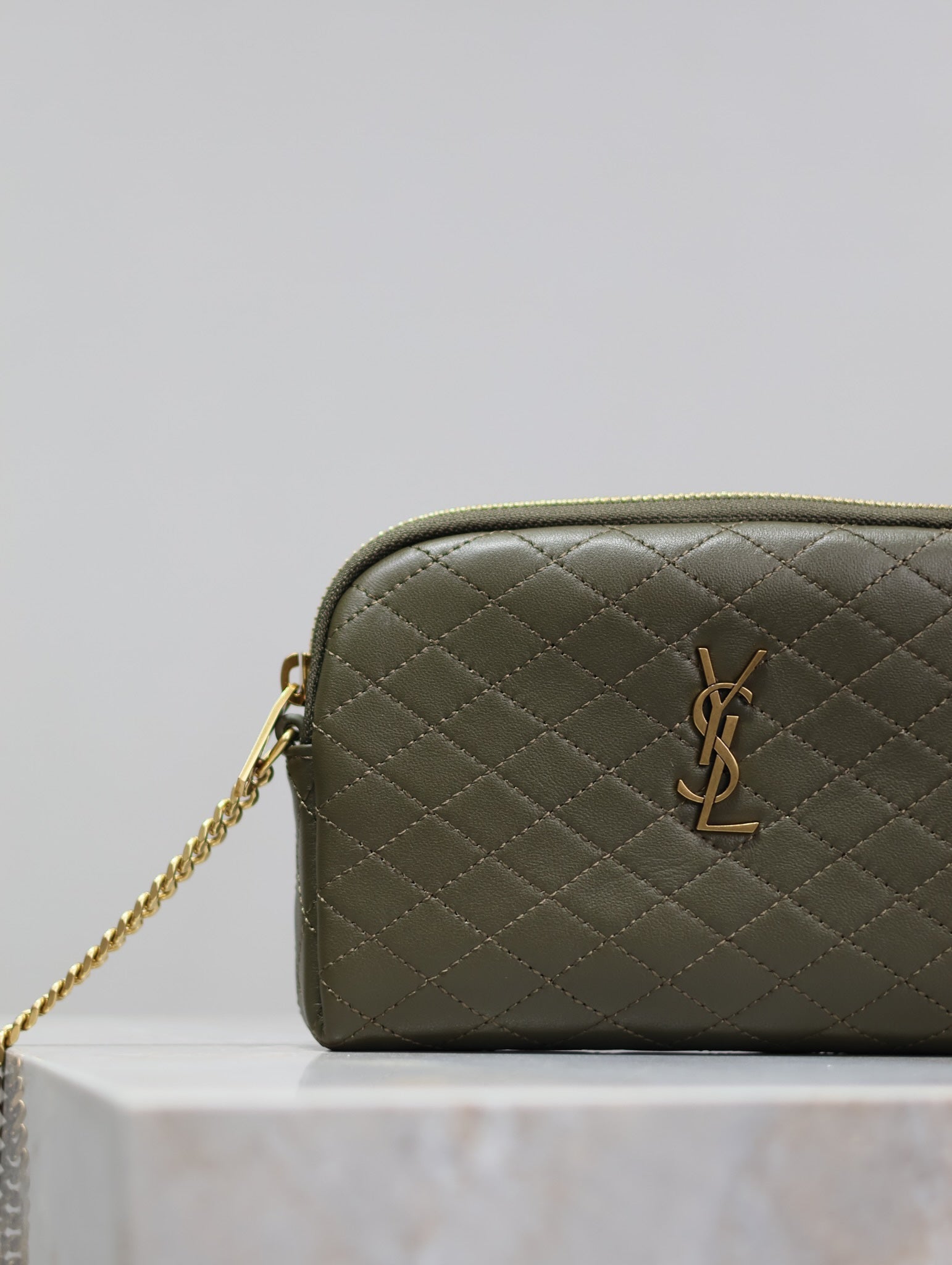 SAINT LAURENT GABY ZIPPED POUCH 19 IN UNIFORM GREEN QUILTED LAMBSKIN GOLD HARDWARE