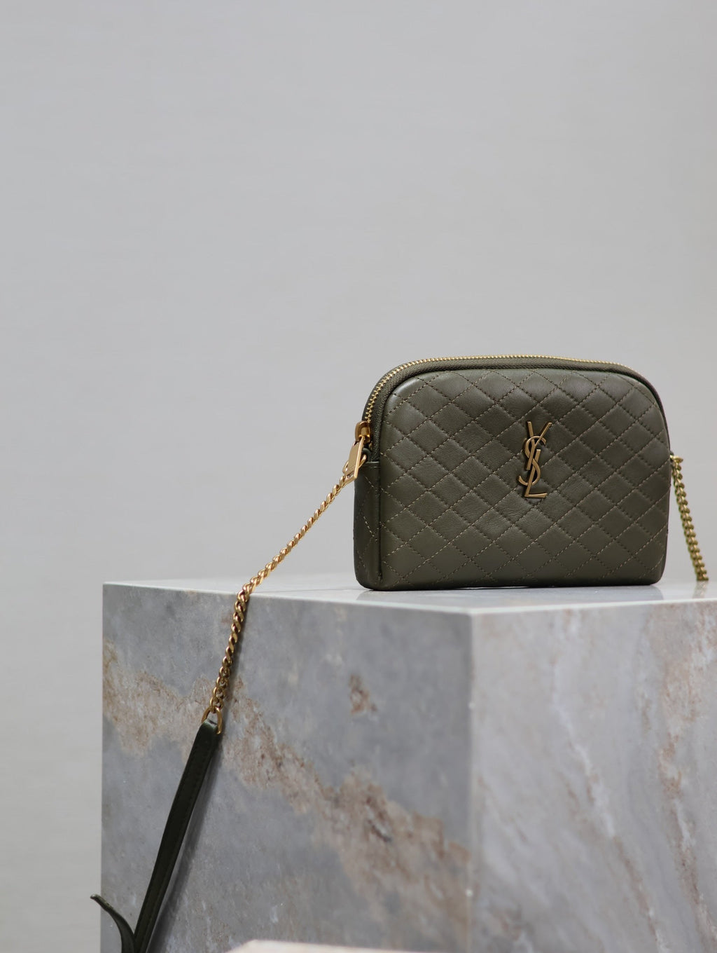 SAINT LAURENT GABY ZIPPED POUCH 19 IN UNIFORM GREEN QUILTED LAMBSKIN GOLD HARDWARE