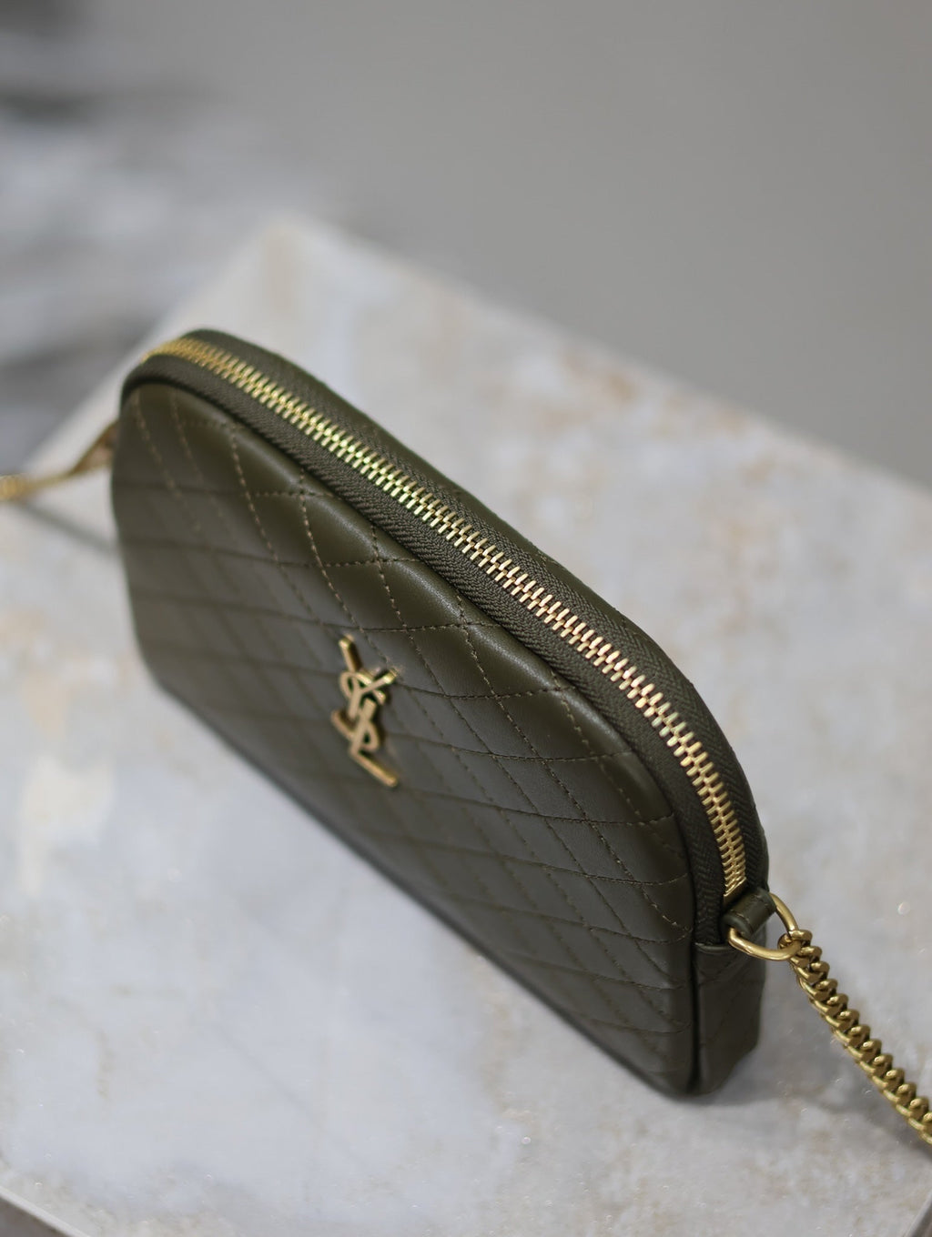 SAINT LAURENT GABY ZIPPED POUCH 19 IN UNIFORM GREEN QUILTED LAMBSKIN GOLD HARDWARE