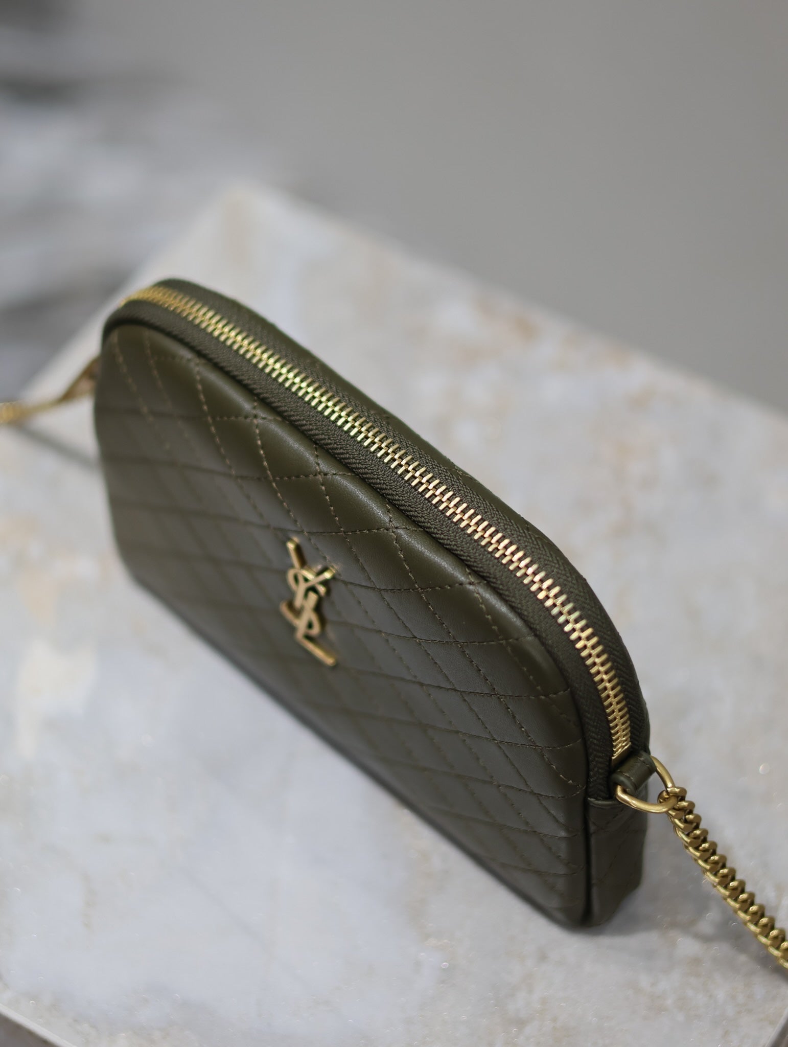 SAINT LAURENT GABY ZIPPED POUCH 19 IN UNIFORM GREEN QUILTED LAMBSKIN GOLD HARDWARE