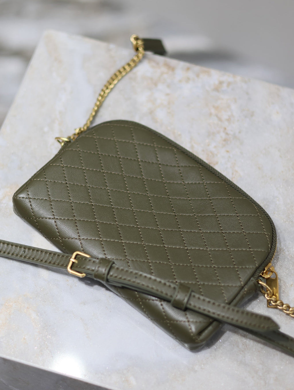 SAINT LAURENT GABY ZIPPED POUCH 19 IN UNIFORM GREEN QUILTED LAMBSKIN GOLD HARDWARE