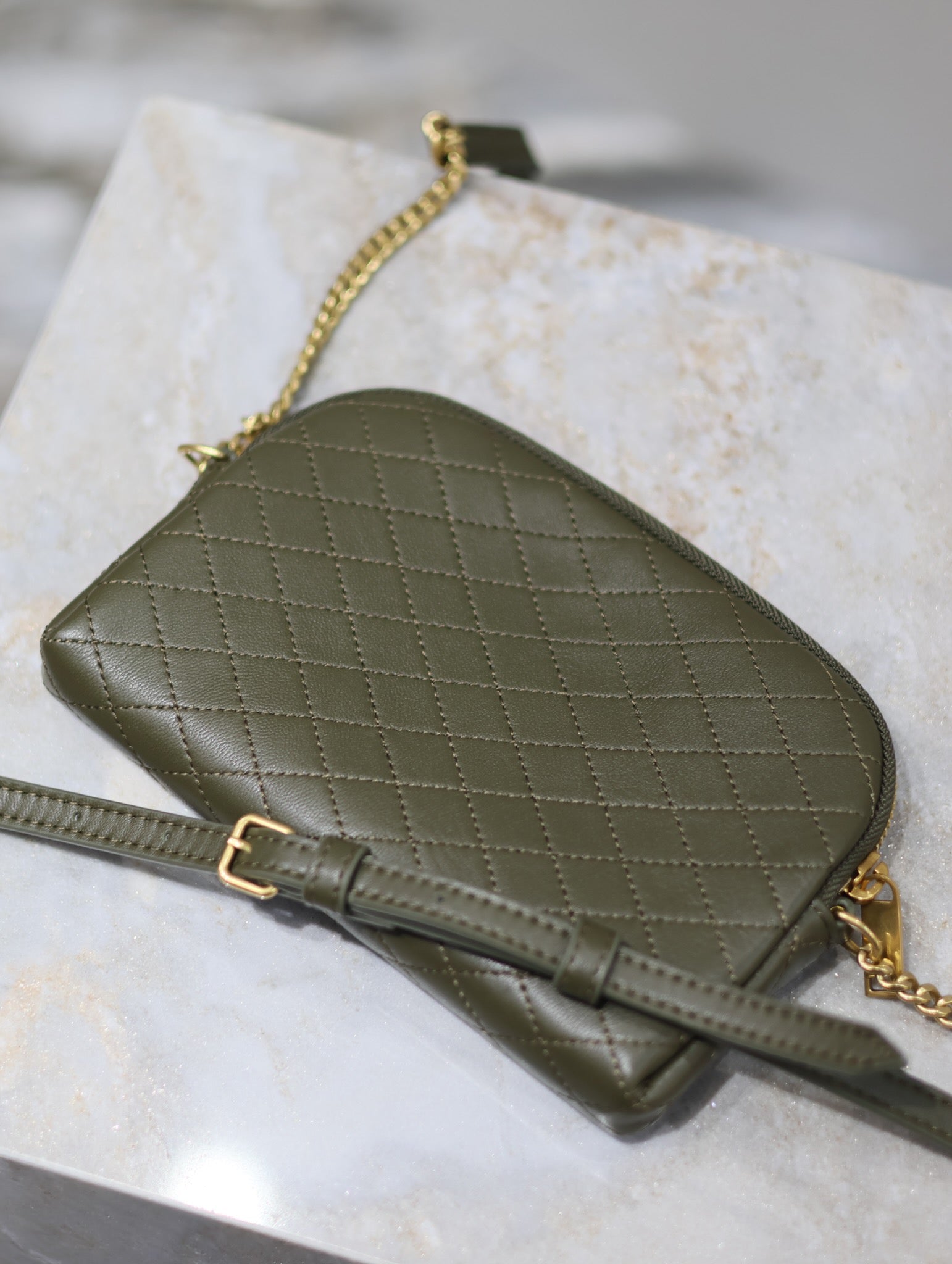 SAINT LAURENT GABY ZIPPED POUCH 19 IN UNIFORM GREEN QUILTED LAMBSKIN GOLD HARDWARE