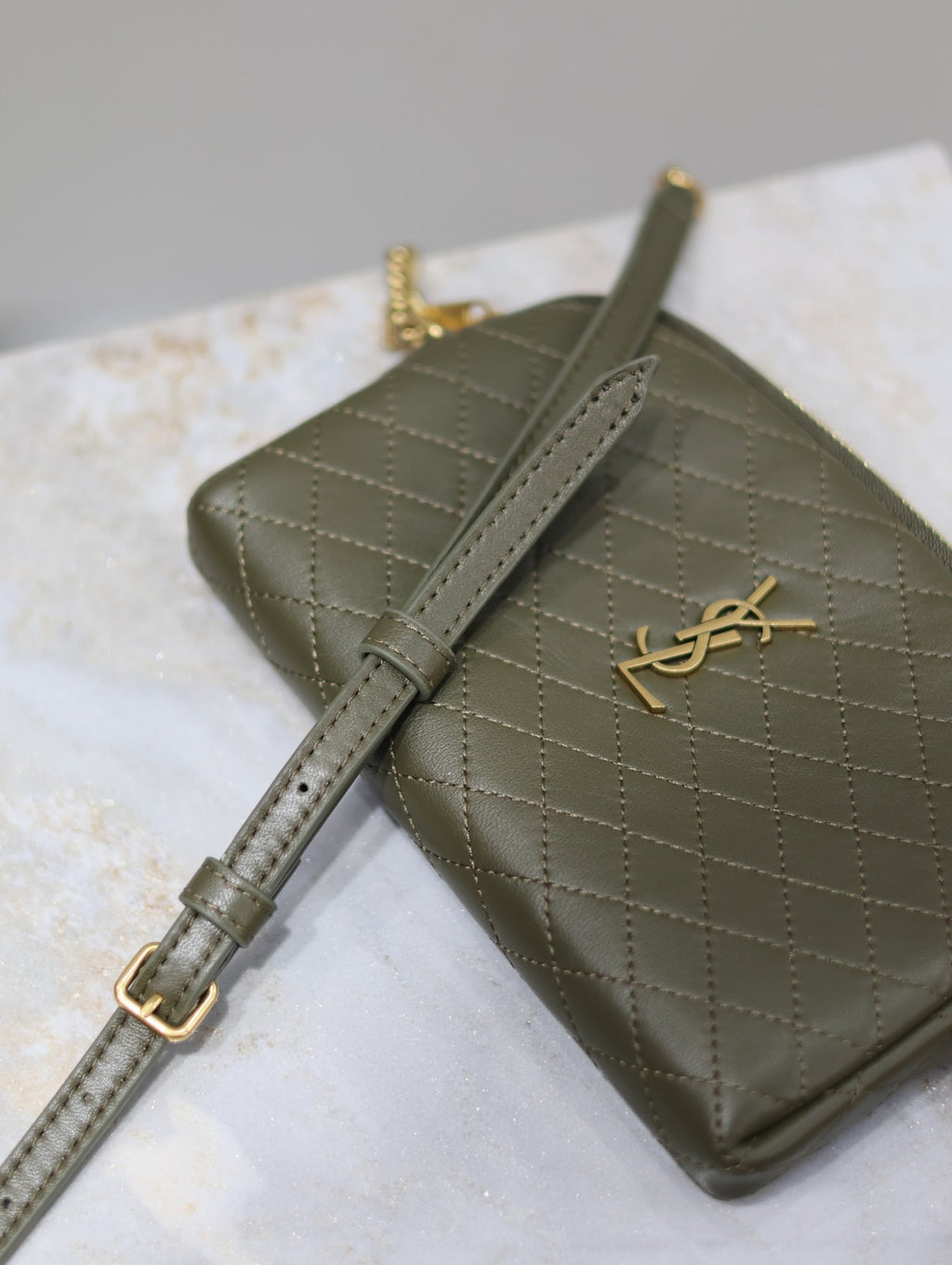 SAINT LAURENT GABY ZIPPED POUCH 19 IN UNIFORM GREEN QUILTED LAMBSKIN GOLD HARDWARE