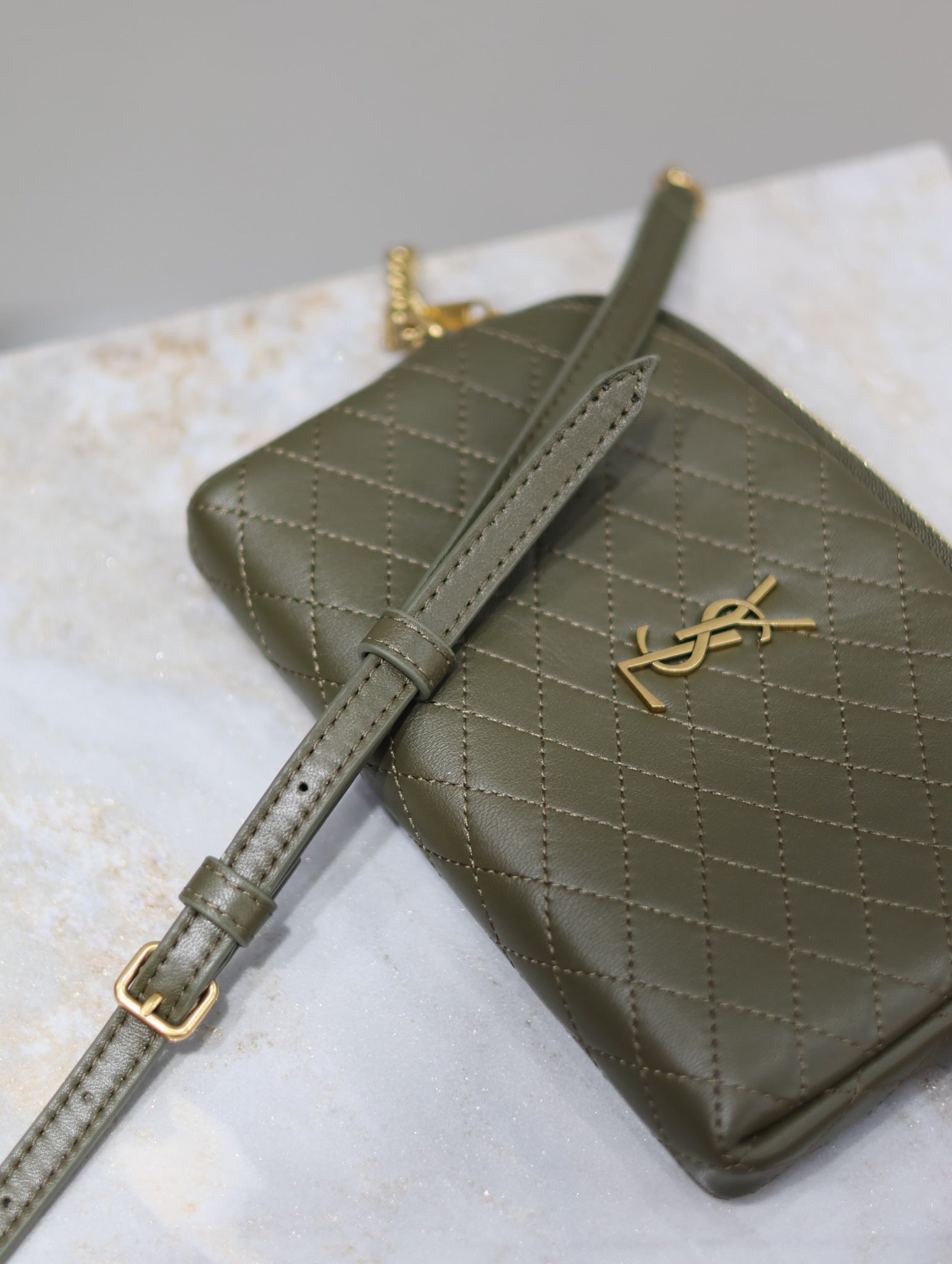 SAINT LAURENT GABY ZIPPED POUCH 19 IN UNIFORM GREEN QUILTED LAMBSKIN GOLD HARDWARE