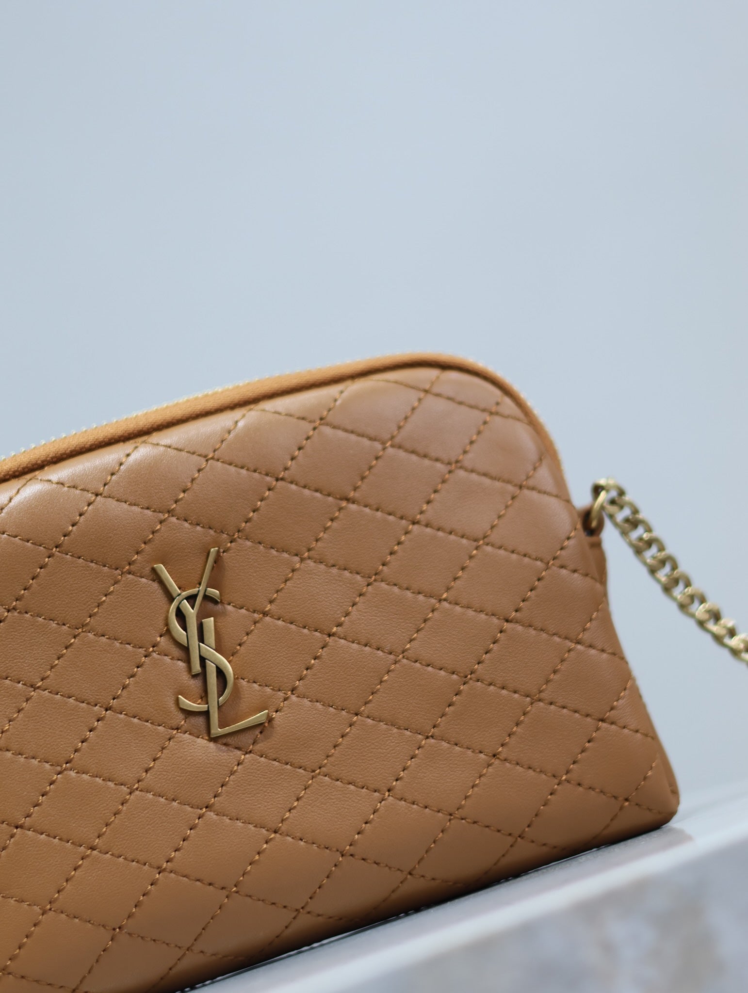 SAINT LAURENT GABY ZIPPED POUCH 19 IN CARAMEL BROWN QUILTED LAMBSKIN GOLD HARDWARE
