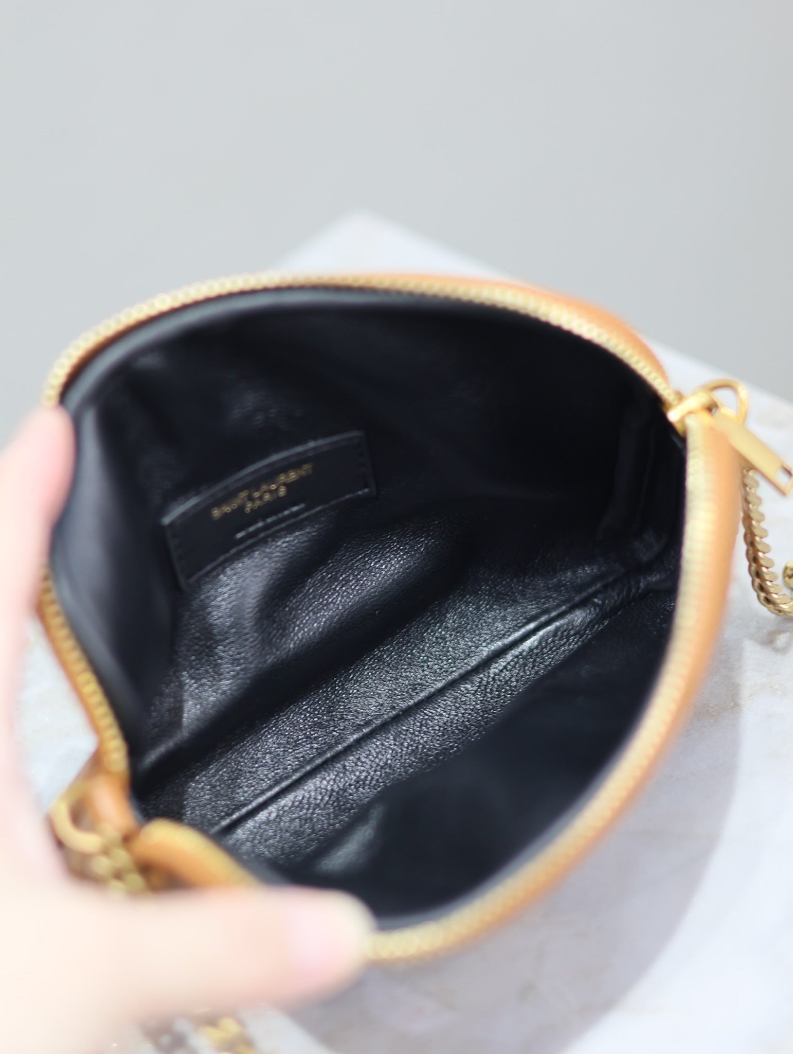 SAINT LAURENT GABY ZIPPED POUCH 19 IN CARAMEL BROWN QUILTED LAMBSKIN GOLD HARDWARE