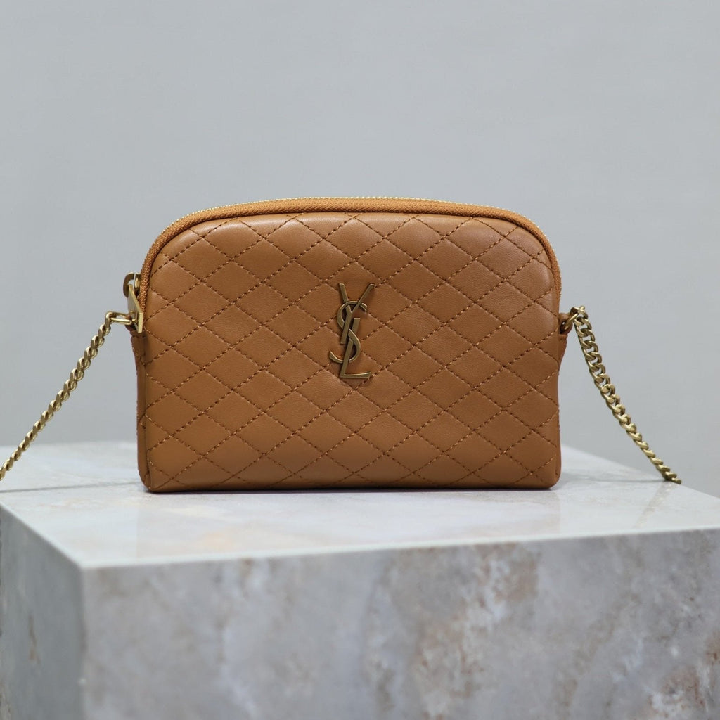 SAINT LAURENT GABY ZIPPED POUCH 19 IN CARAMEL BROWN QUILTED LAMBSKIN GOLD HARDWARE