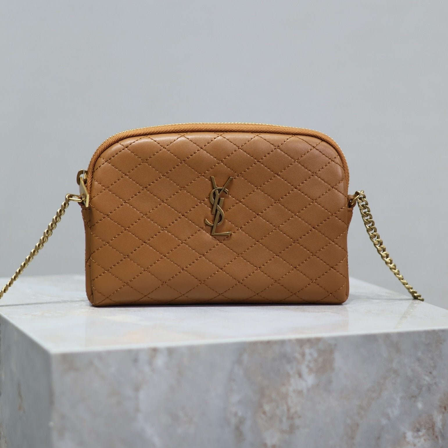 SAINT LAURENT GABY ZIPPED POUCH 19 IN CARAMEL BROWN QUILTED LAMBSKIN GOLD HARDWARE