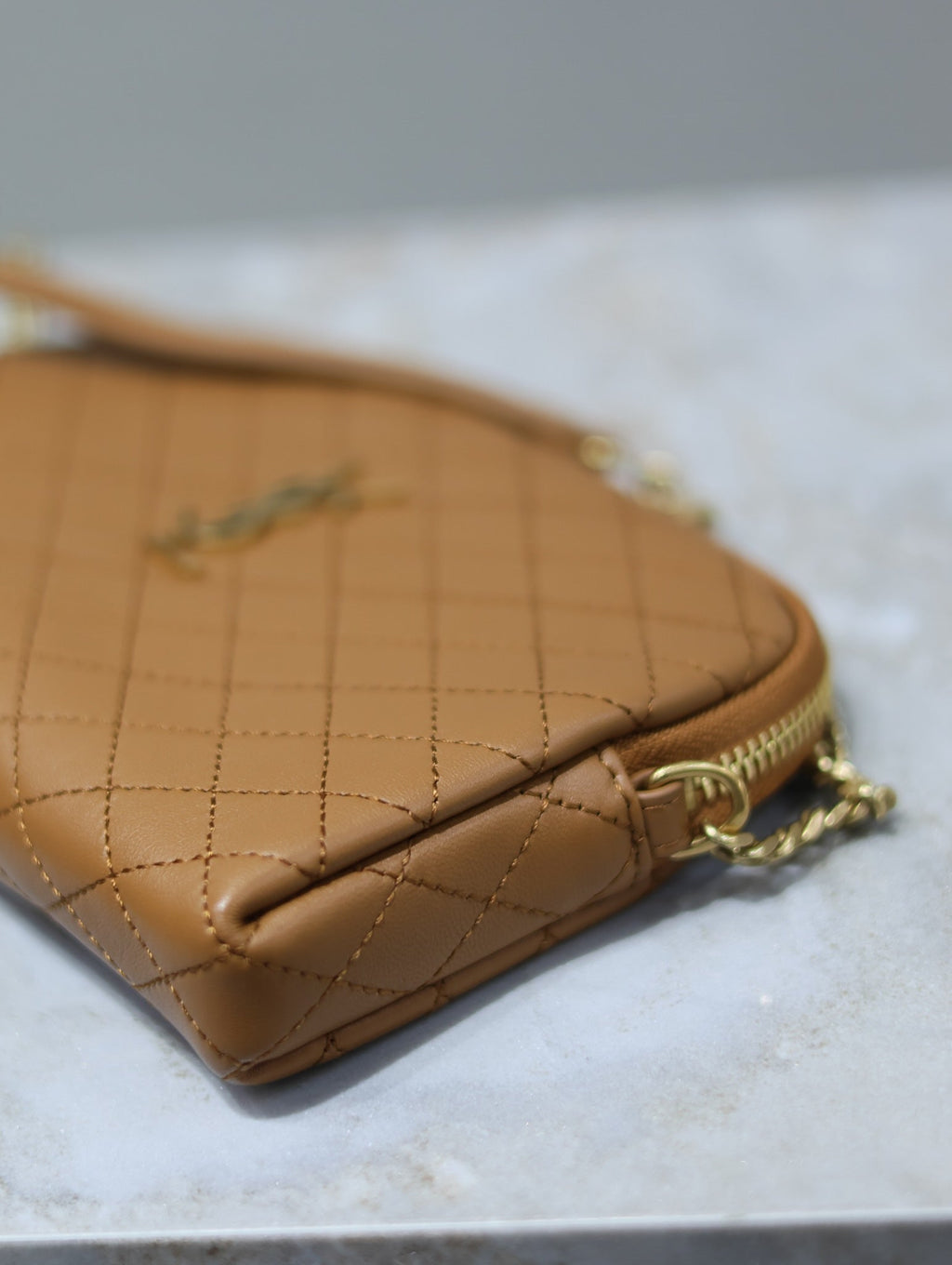 SAINT LAURENT GABY ZIPPED POUCH 19 IN CARAMEL BROWN QUILTED LAMBSKIN GOLD HARDWARE