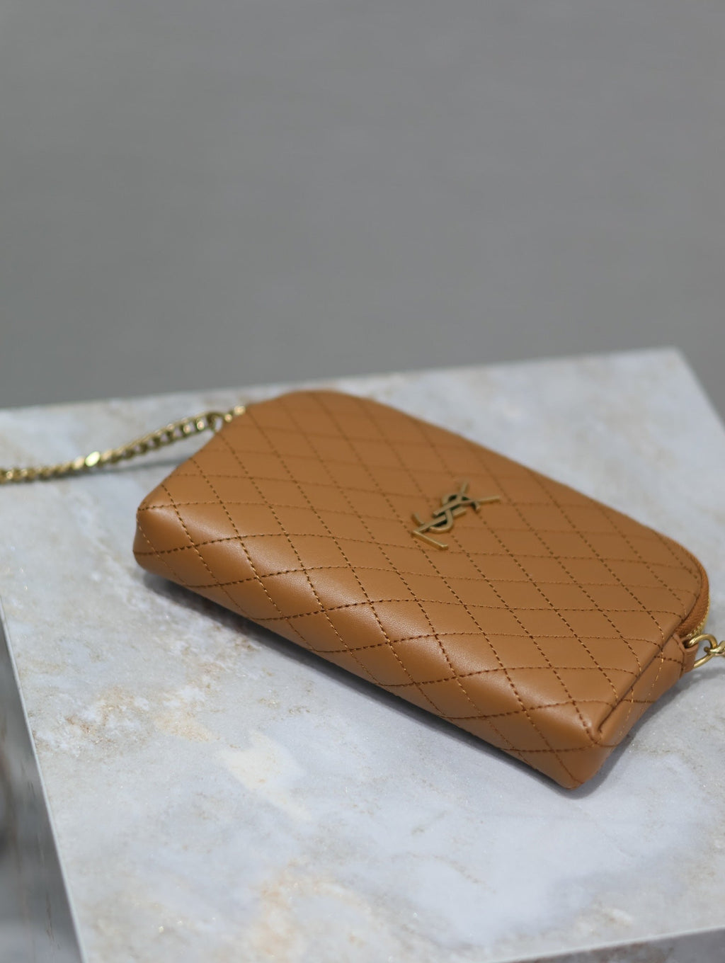 SAINT LAURENT GABY ZIPPED POUCH 19 IN CARAMEL BROWN QUILTED LAMBSKIN GOLD HARDWARE