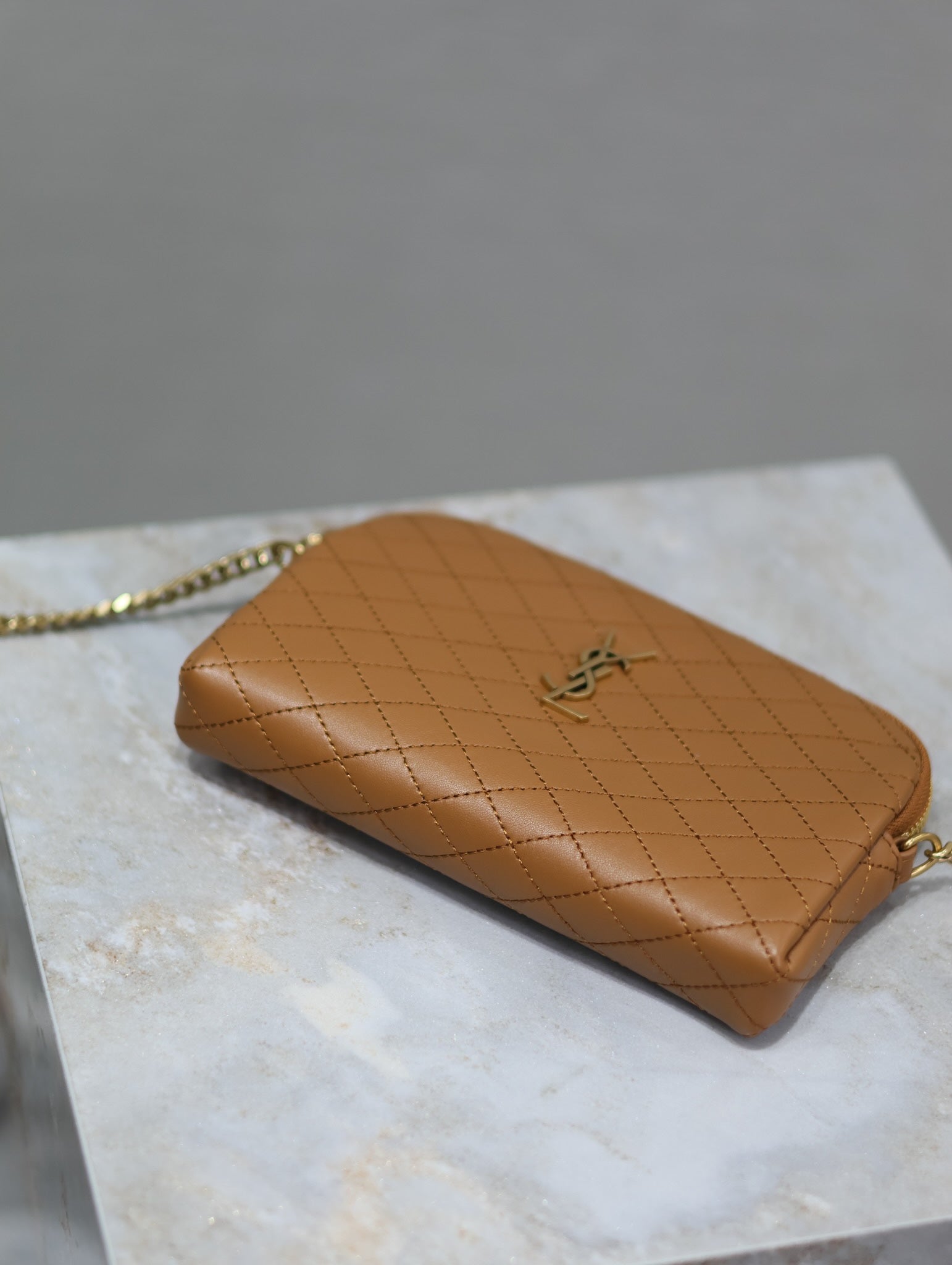 SAINT LAURENT GABY ZIPPED POUCH 19 IN CARAMEL BROWN QUILTED LAMBSKIN GOLD HARDWARE