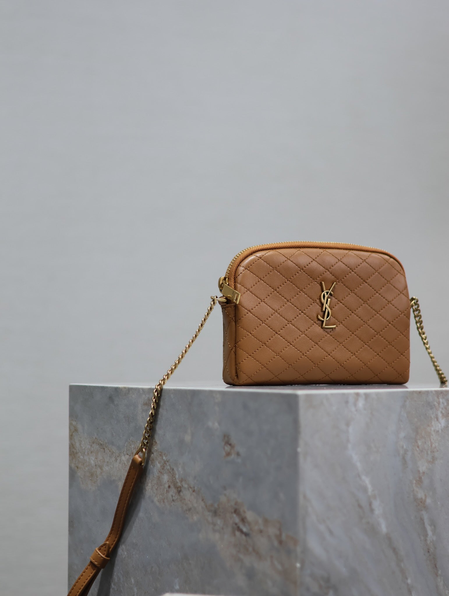 SAINT LAURENT GABY ZIPPED POUCH 19 IN CARAMEL BROWN QUILTED LAMBSKIN GOLD HARDWARE