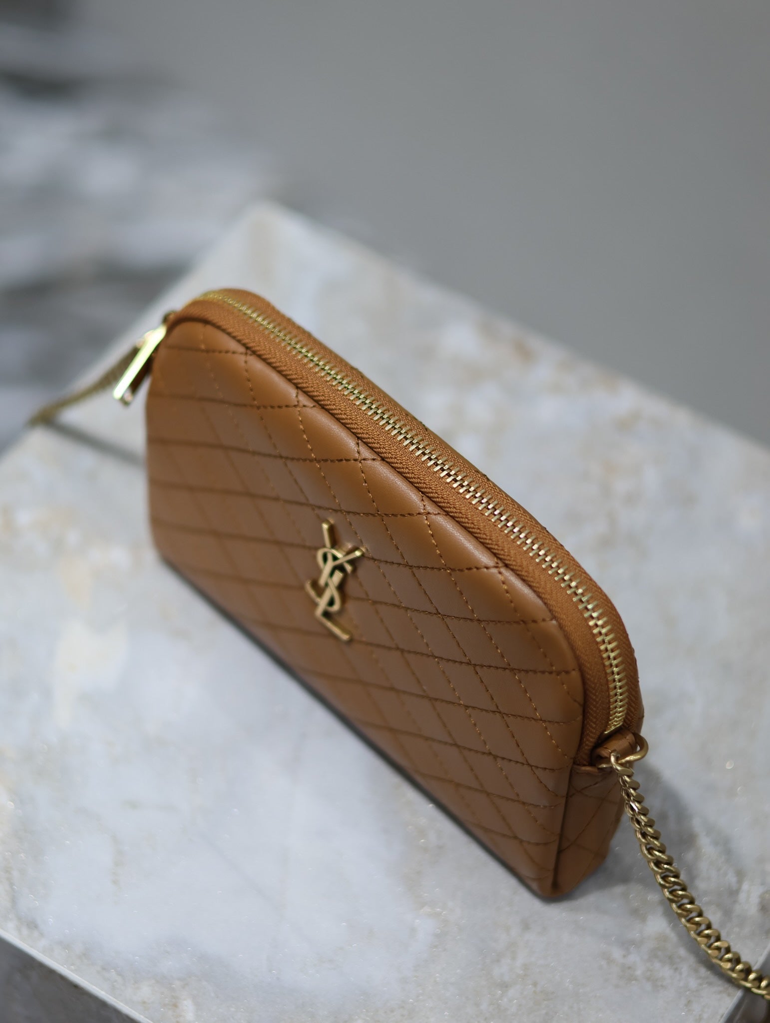 SAINT LAURENT GABY ZIPPED POUCH 19 IN CARAMEL BROWN QUILTED LAMBSKIN GOLD HARDWARE