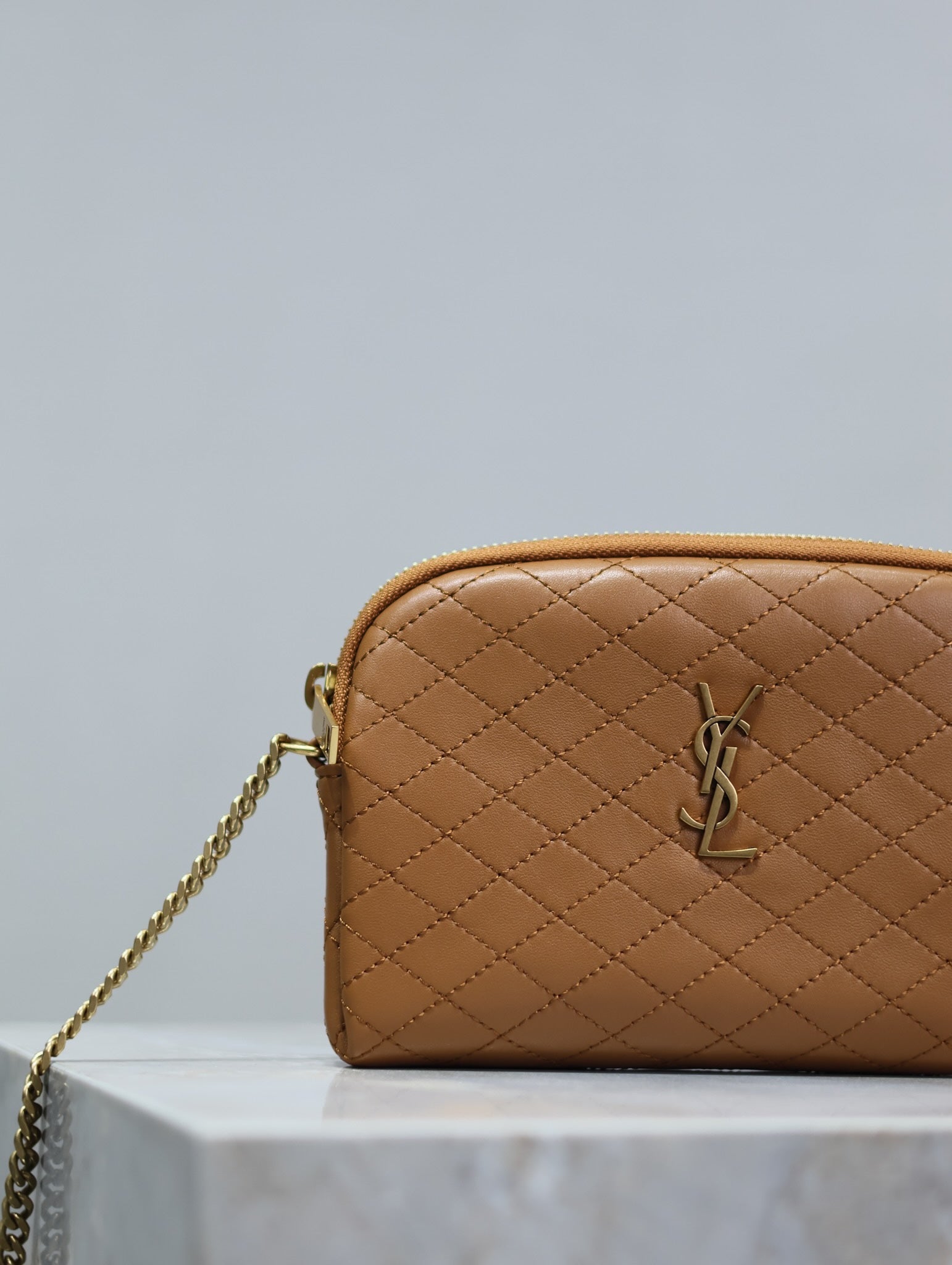 SAINT LAURENT GABY ZIPPED POUCH 19 IN CARAMEL BROWN QUILTED LAMBSKIN GOLD HARDWARE