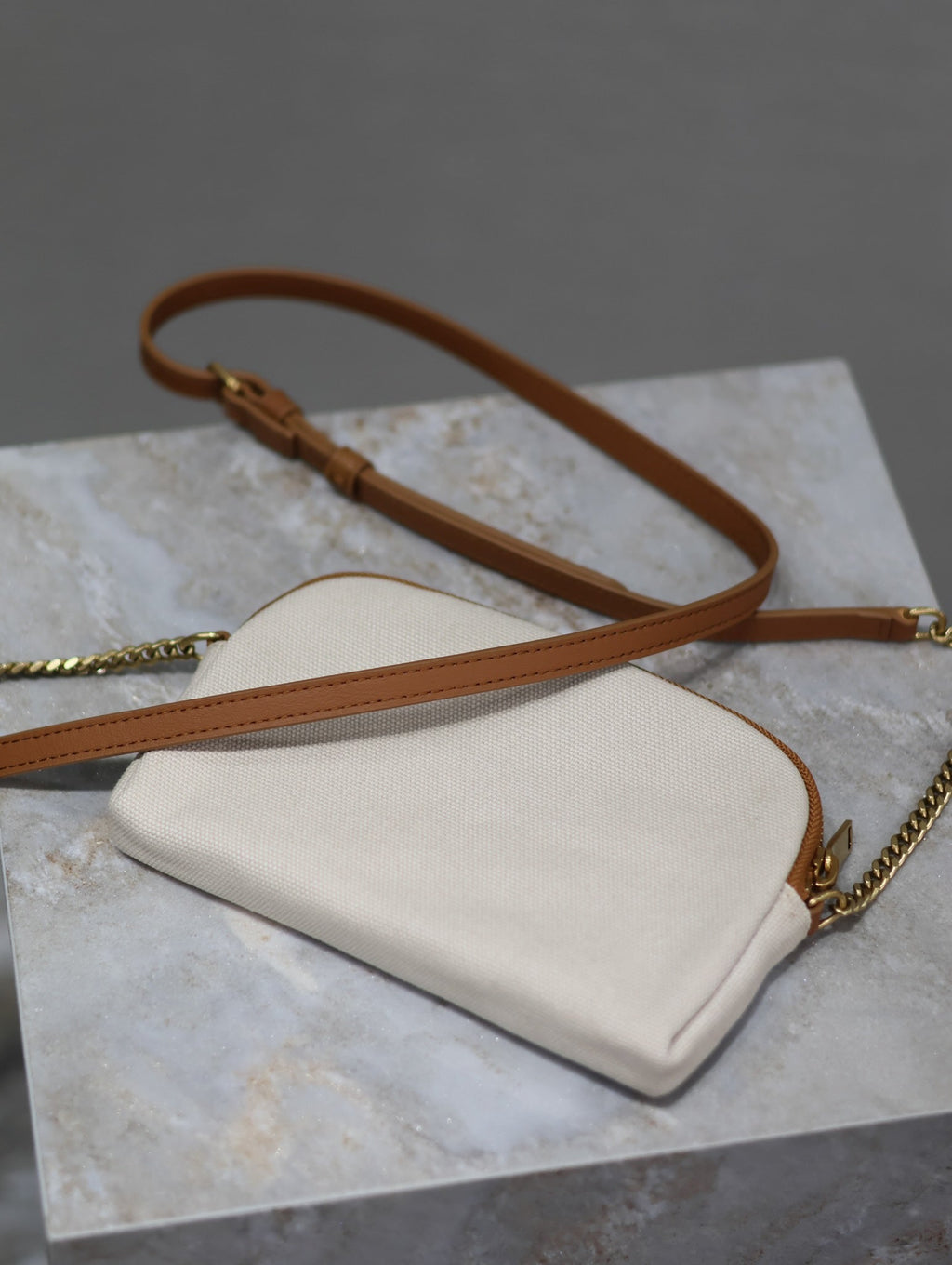 SAINT LAURENT GABY ZIPPED POUCH 19 IN WHITE MIX BROWN COTTON GOLD HARDWARE
