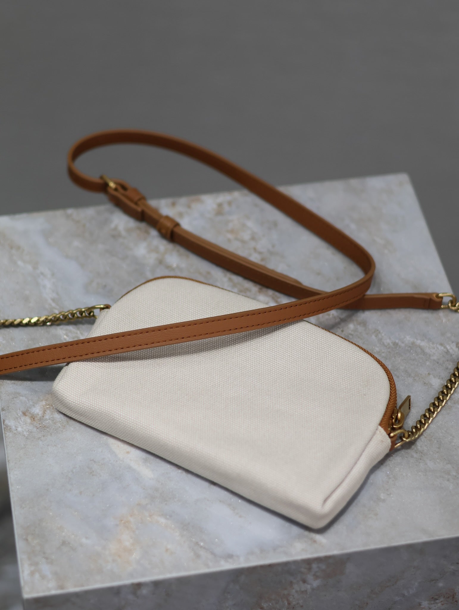 SAINT LAURENT GABY ZIPPED POUCH 19 IN WHITE MIX BROWN COTTON GOLD HARDWARE
