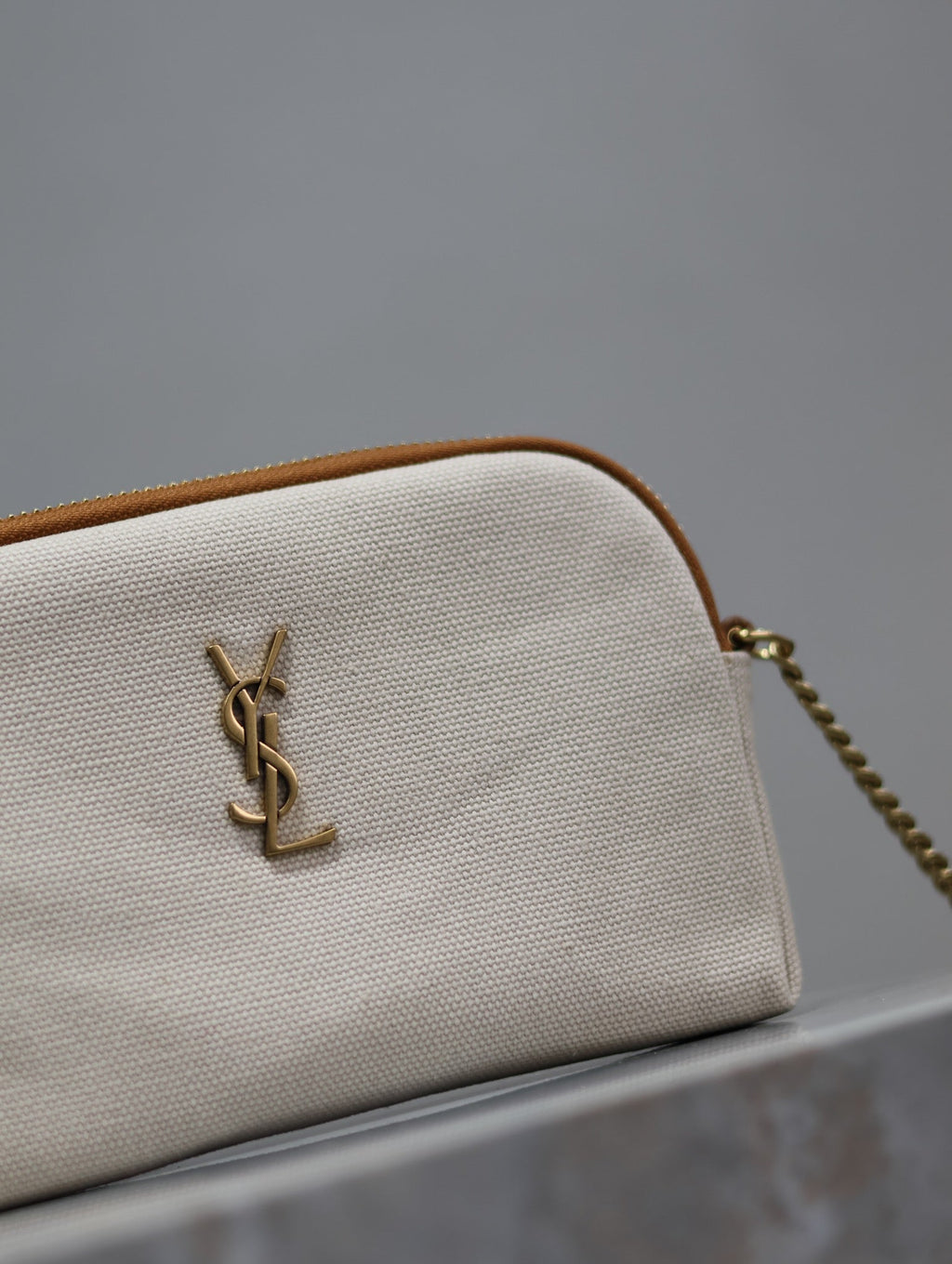 SAINT LAURENT GABY ZIPPED POUCH 19 IN WHITE MIX BROWN COTTON GOLD HARDWARE