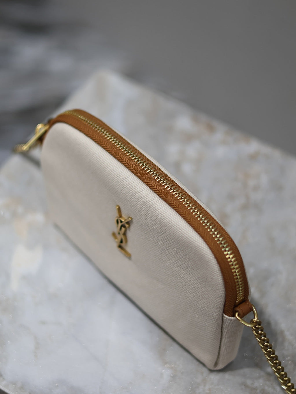 SAINT LAURENT GABY ZIPPED POUCH 19 IN WHITE MIX BROWN COTTON GOLD HARDWARE