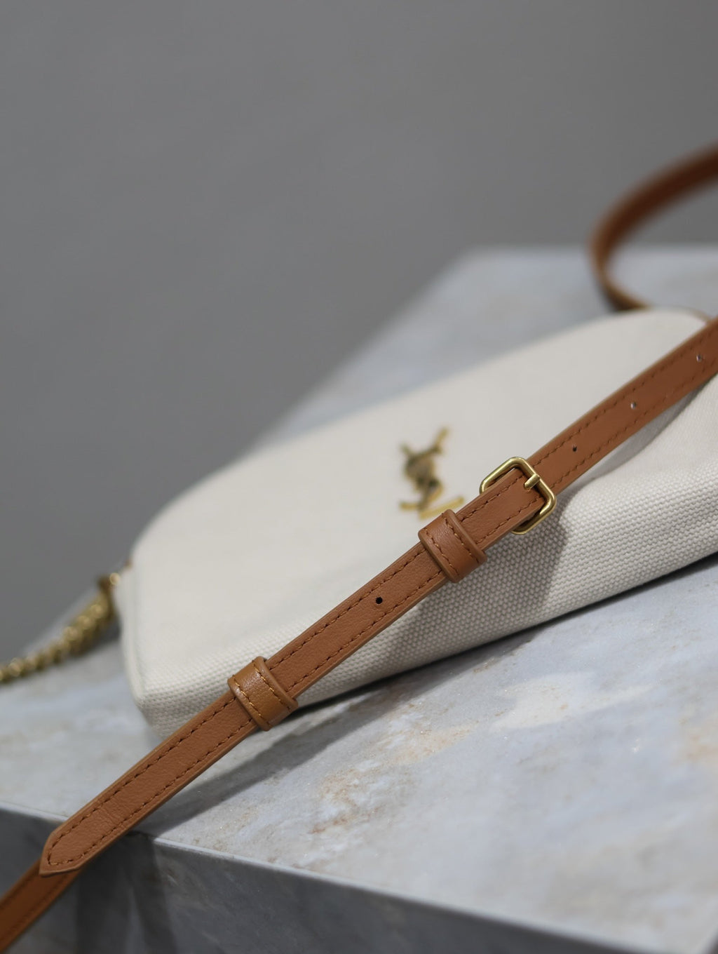 SAINT LAURENT GABY ZIPPED POUCH 19 IN WHITE MIX BROWN COTTON GOLD HARDWARE