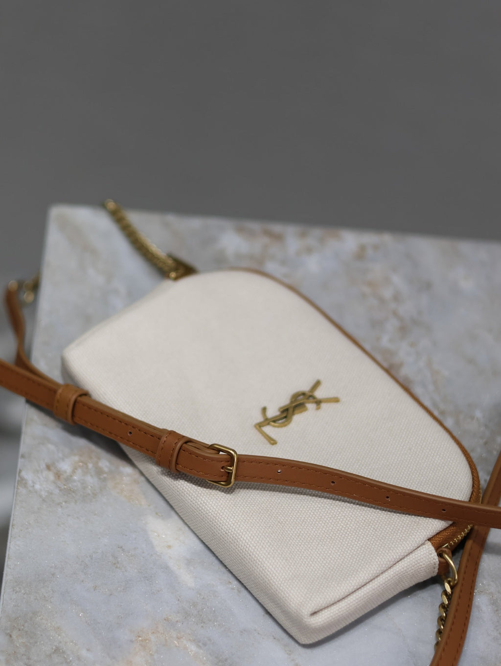 SAINT LAURENT GABY ZIPPED POUCH 19 IN WHITE MIX BROWN COTTON GOLD HARDWARE