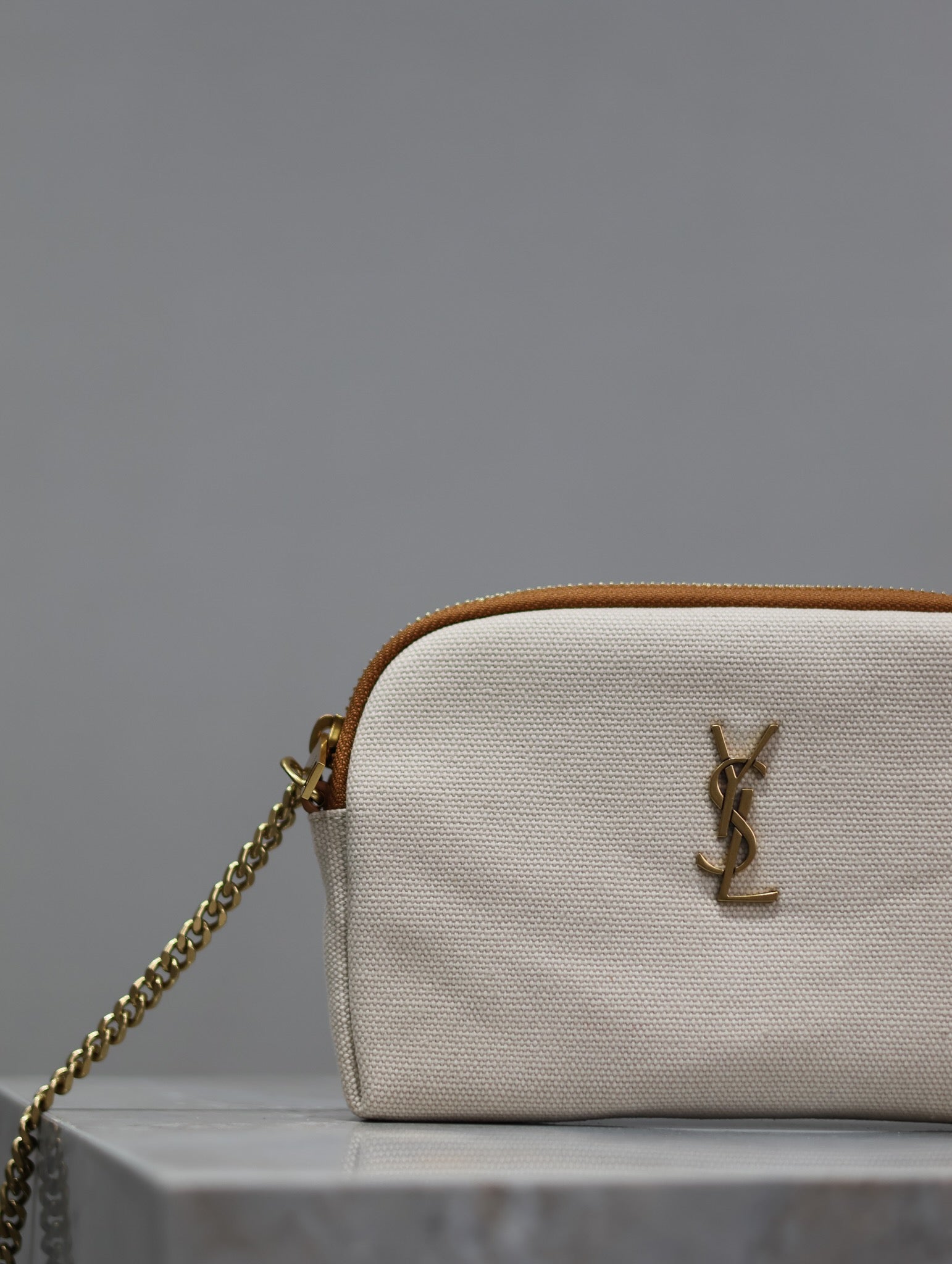 SAINT LAURENT GABY ZIPPED POUCH 19 IN WHITE MIX BROWN COTTON GOLD HARDWARE