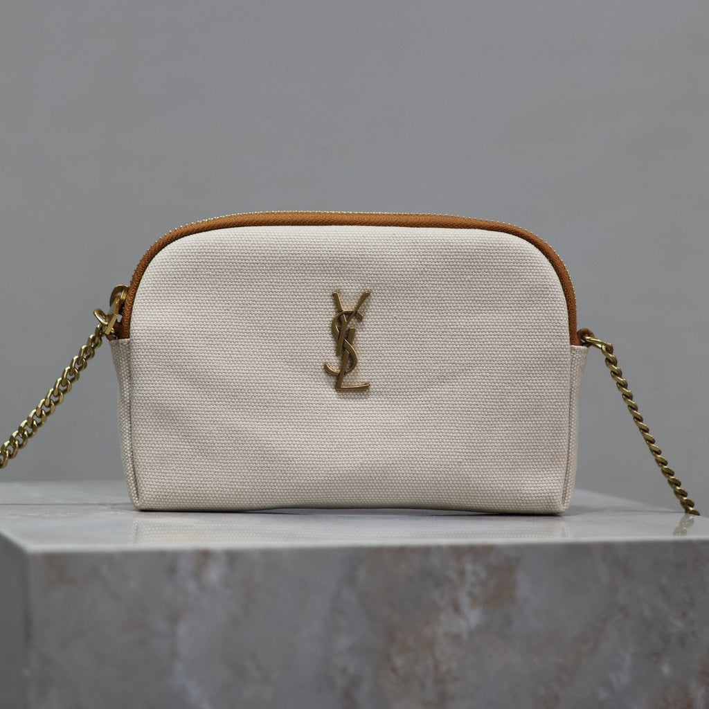 SAINT LAURENT GABY ZIPPED POUCH 19 IN WHITE MIX BROWN COTTON GOLD HARDWARE
