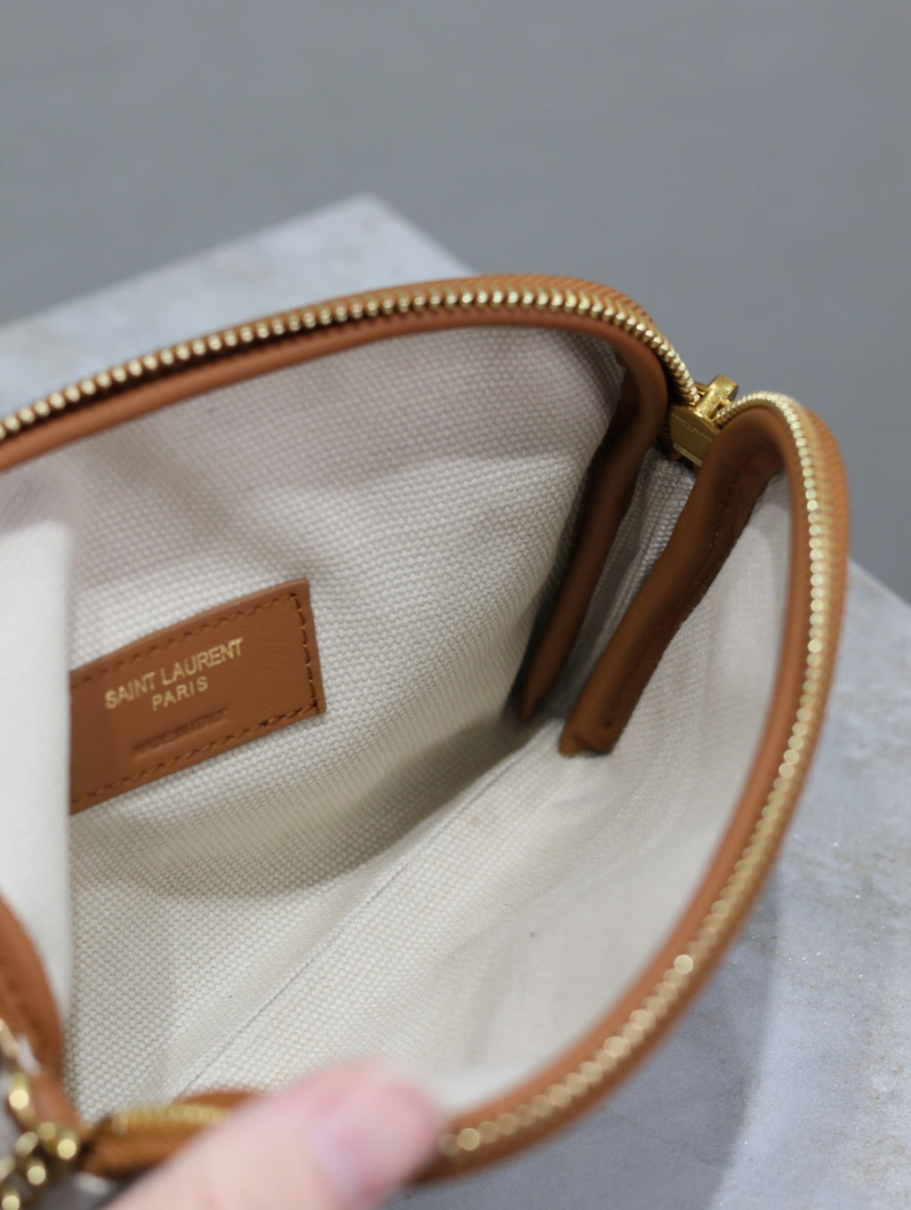 SAINT LAURENT GABY ZIPPED POUCH 19 IN WHITE MIX BROWN COTTON GOLD HARDWARE