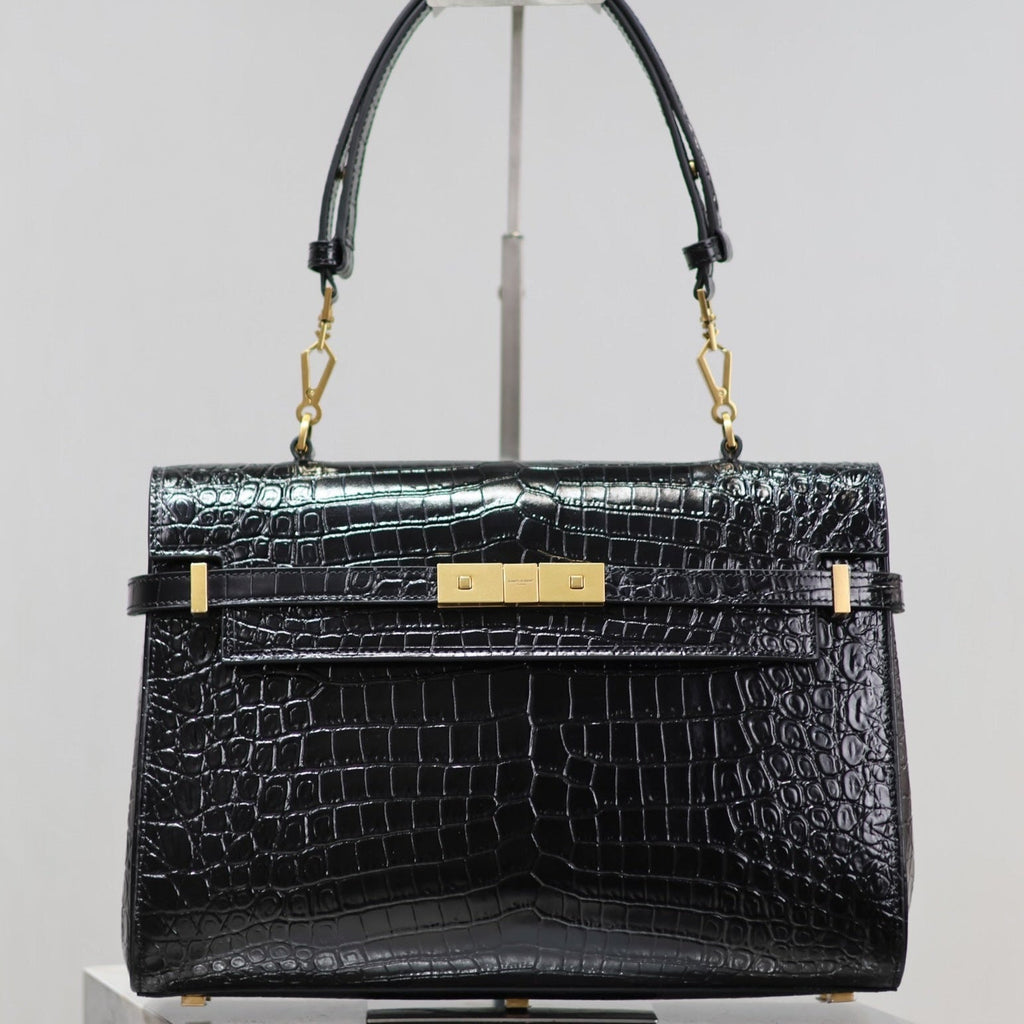 SAINT LAURENT MANHATTAN HANDBAG 32 IN BLACK CROCODILE-EMBOSSED CALFSKIN GOLD HARDWARE