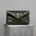 SAINT LAURENT YSL 25S LOULOU PUFFER MM 29 IN DARK OLIVE CALFSKIN GOLD HARDWRE