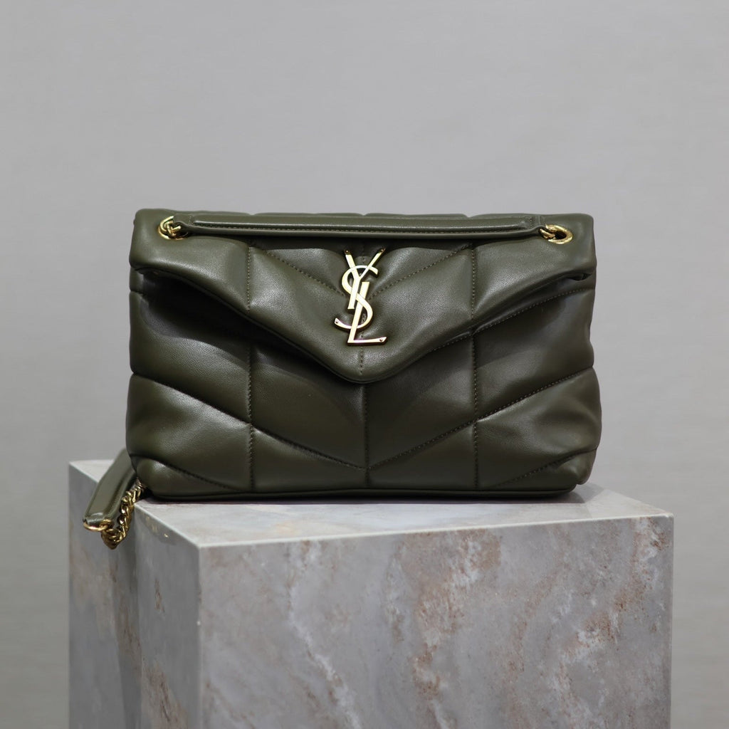 SAINT LAURENT YSL 25S LOULOU PUFFER MM 29 IN DARK OLIVE CALFSKIN GOLD HARDWARE