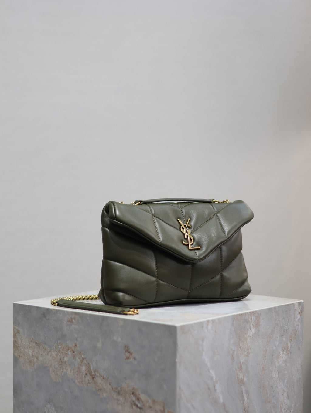 SAINT LAURENT YSL 25S LOULOU PUFFER MINI 23 IN DARK OLIVE CALFSKIN GOLD HARDWRE