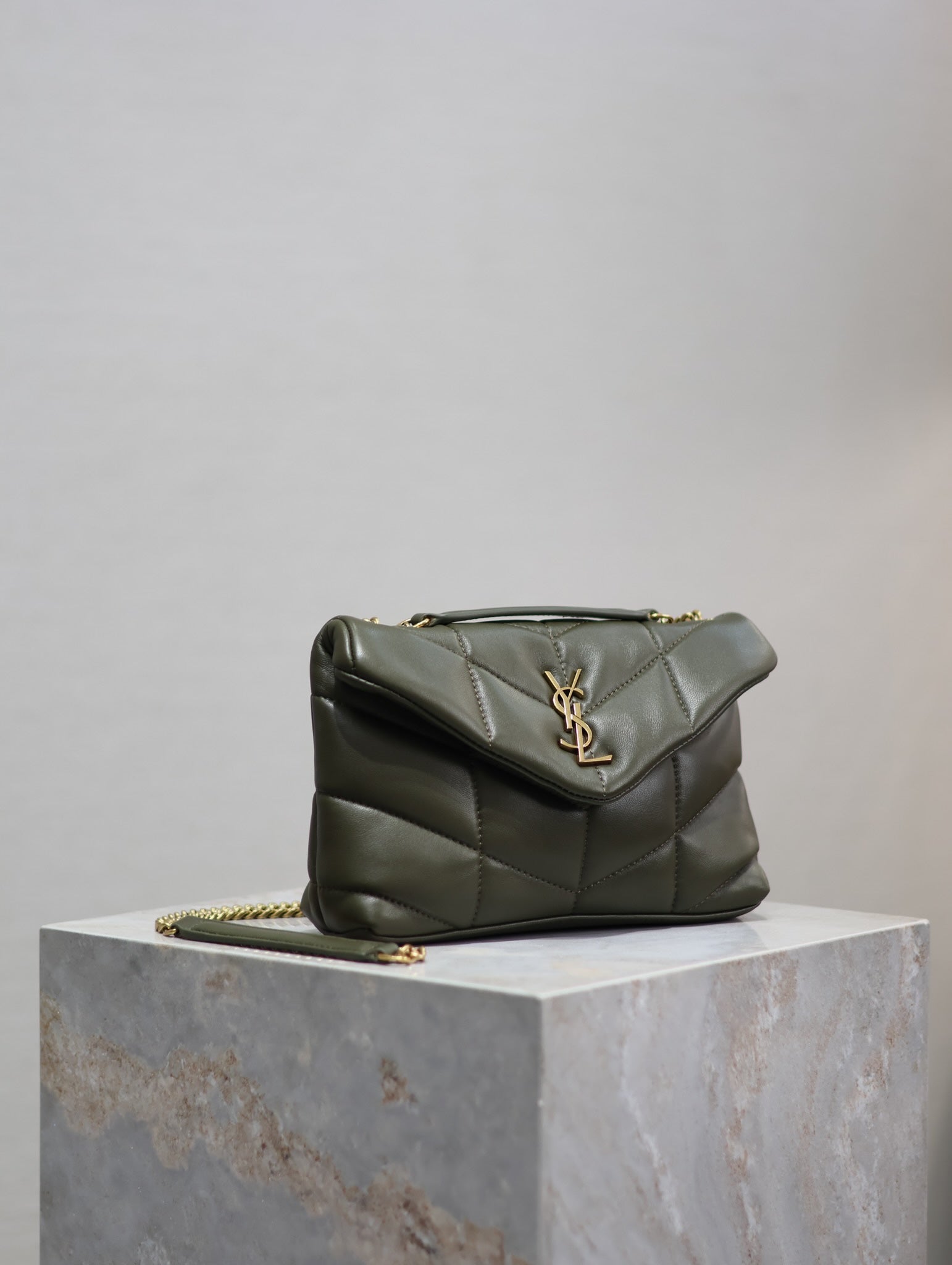 SAINT LAURENT YSL 25S LOULOU PUFFER MINI 23 IN DARK OLIVE CALFSKIN GOLD HARDWRE