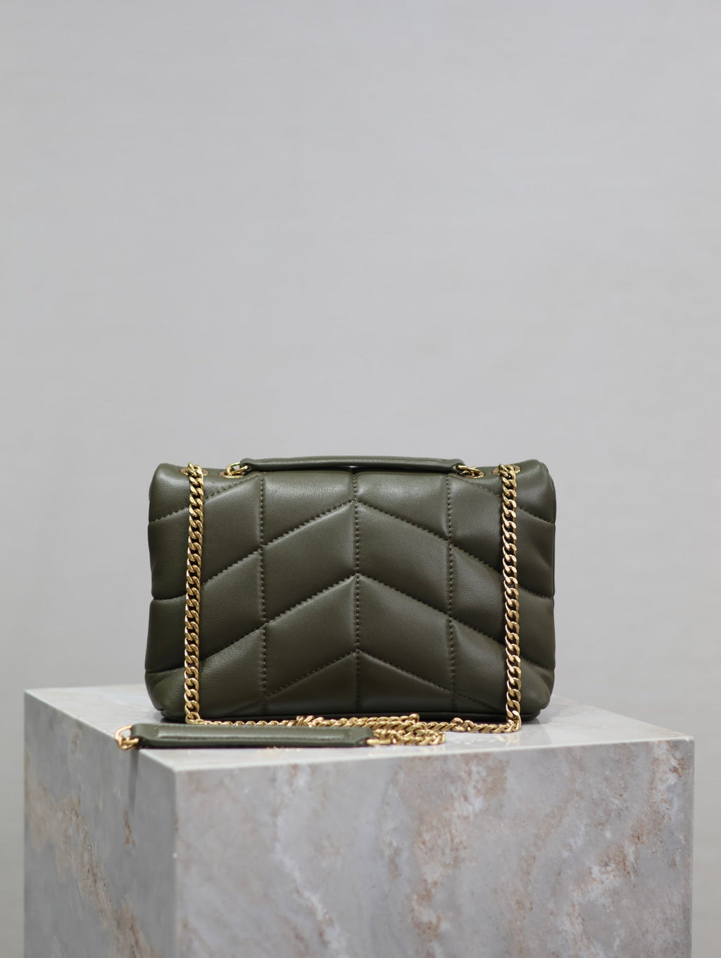 SAINT LAURENT YSL 25S LOULOU PUFFER MINI 23 IN DARK OLIVE CALFSKIN GOLD HARDWARE