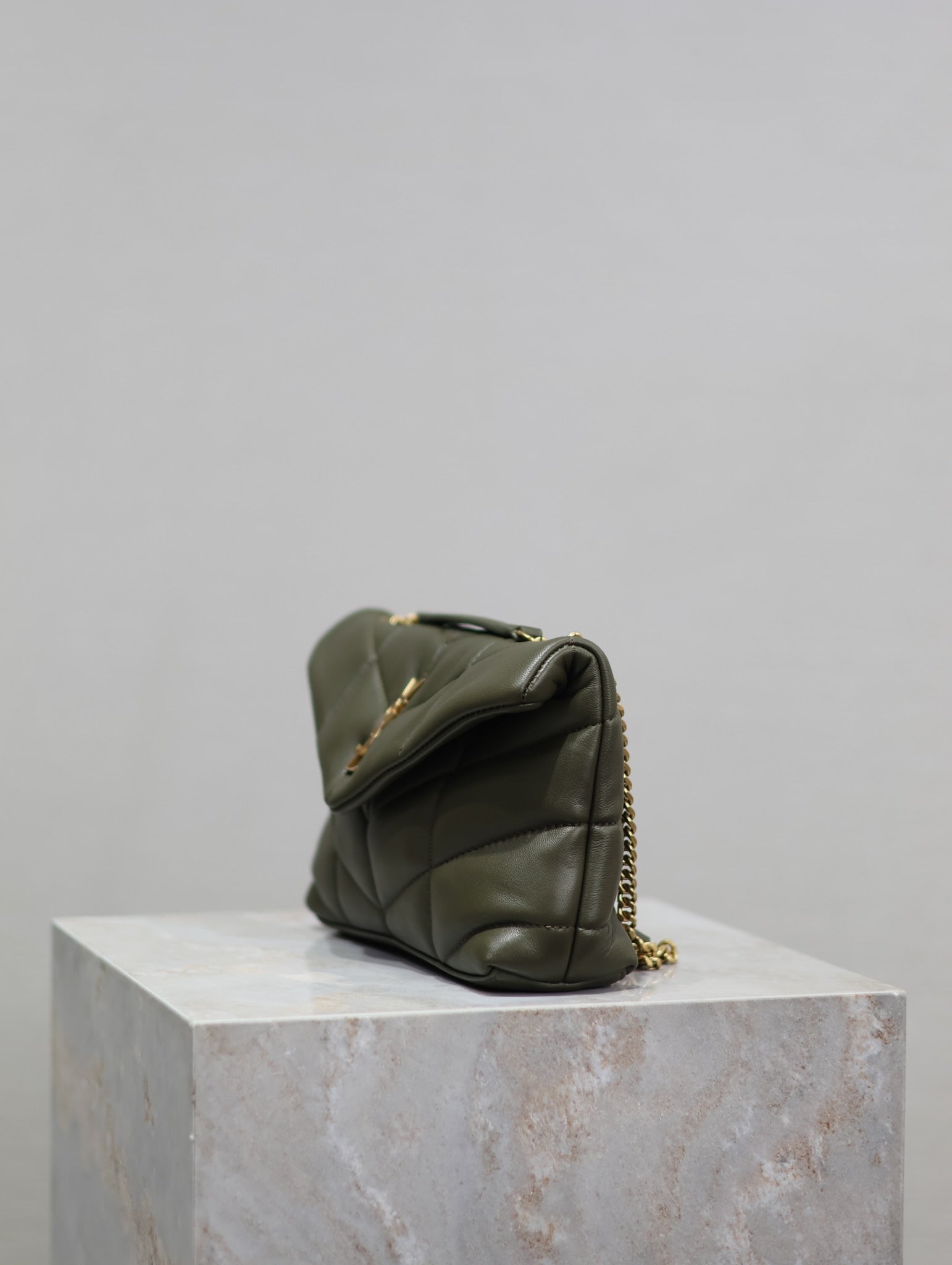 SAINT LAURENT YSL 25S LOULOU PUFFER MINI 23 IN DARK OLIVE CALFSKIN GOLD HARDWRE
