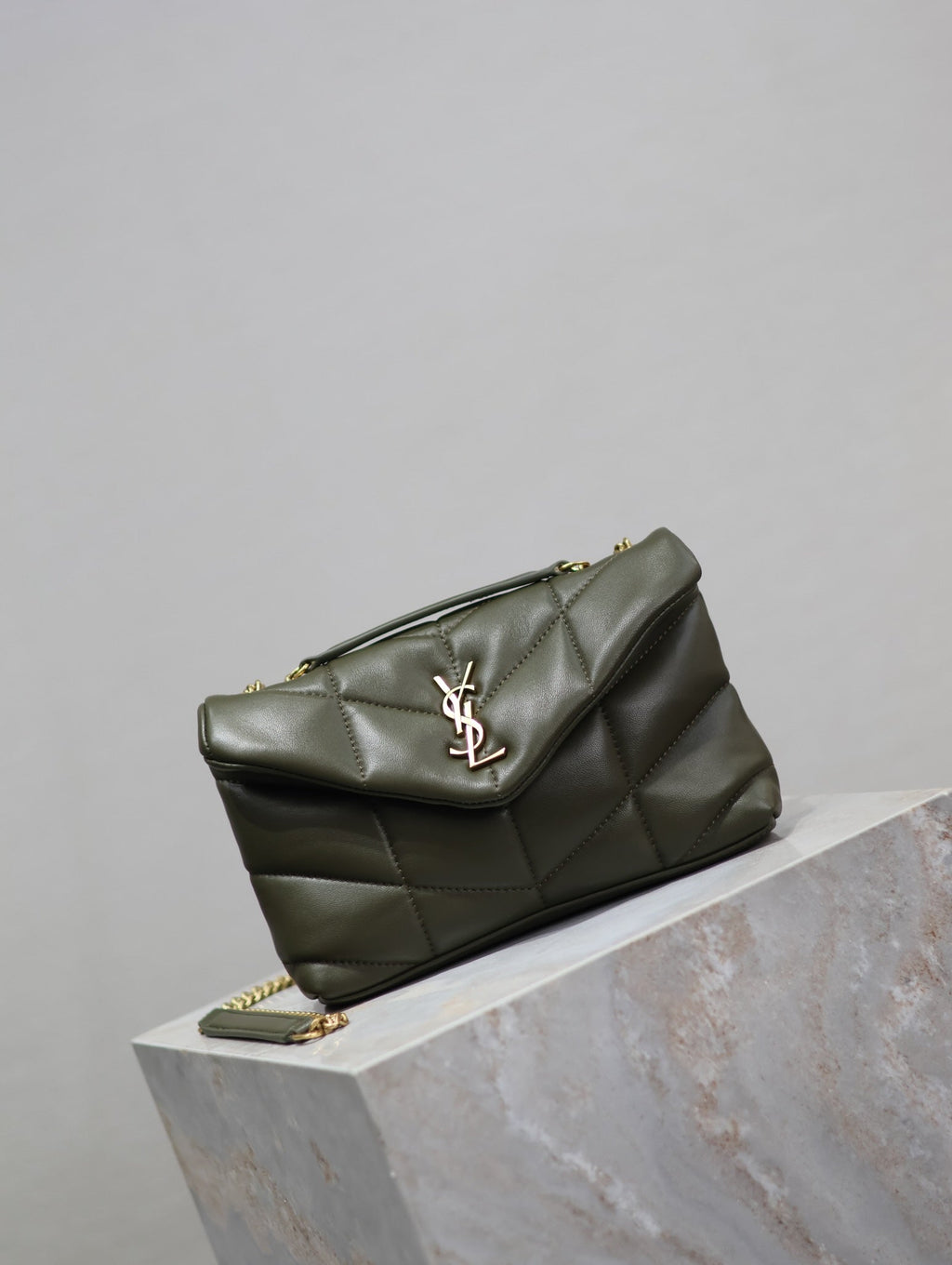 SAINT LAURENT YSL 25S LOULOU PUFFER MINI 23 IN DARK OLIVE CALFSKIN GOLD HARDWRE