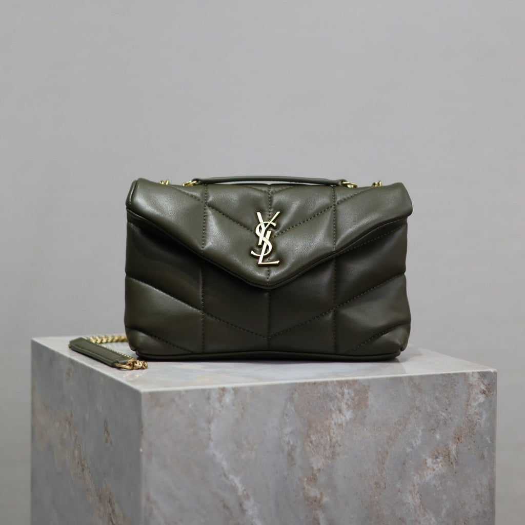 SAINT LAURENT YSL 25S LOULOU PUFFER MINI 23 IN DARK OLIVE CALFSKIN GOLD HARDWRE