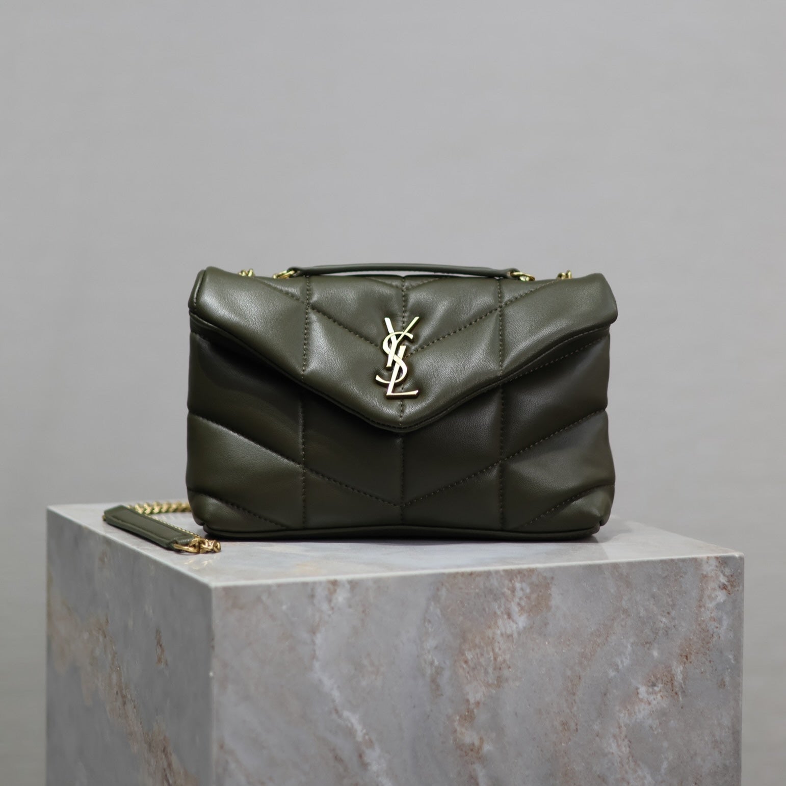 SAINT LAURENT YSL 25S LOULOU PUFFER MINI 23 IN DARK OLIVE CALFSKIN GOLD HARDWRE